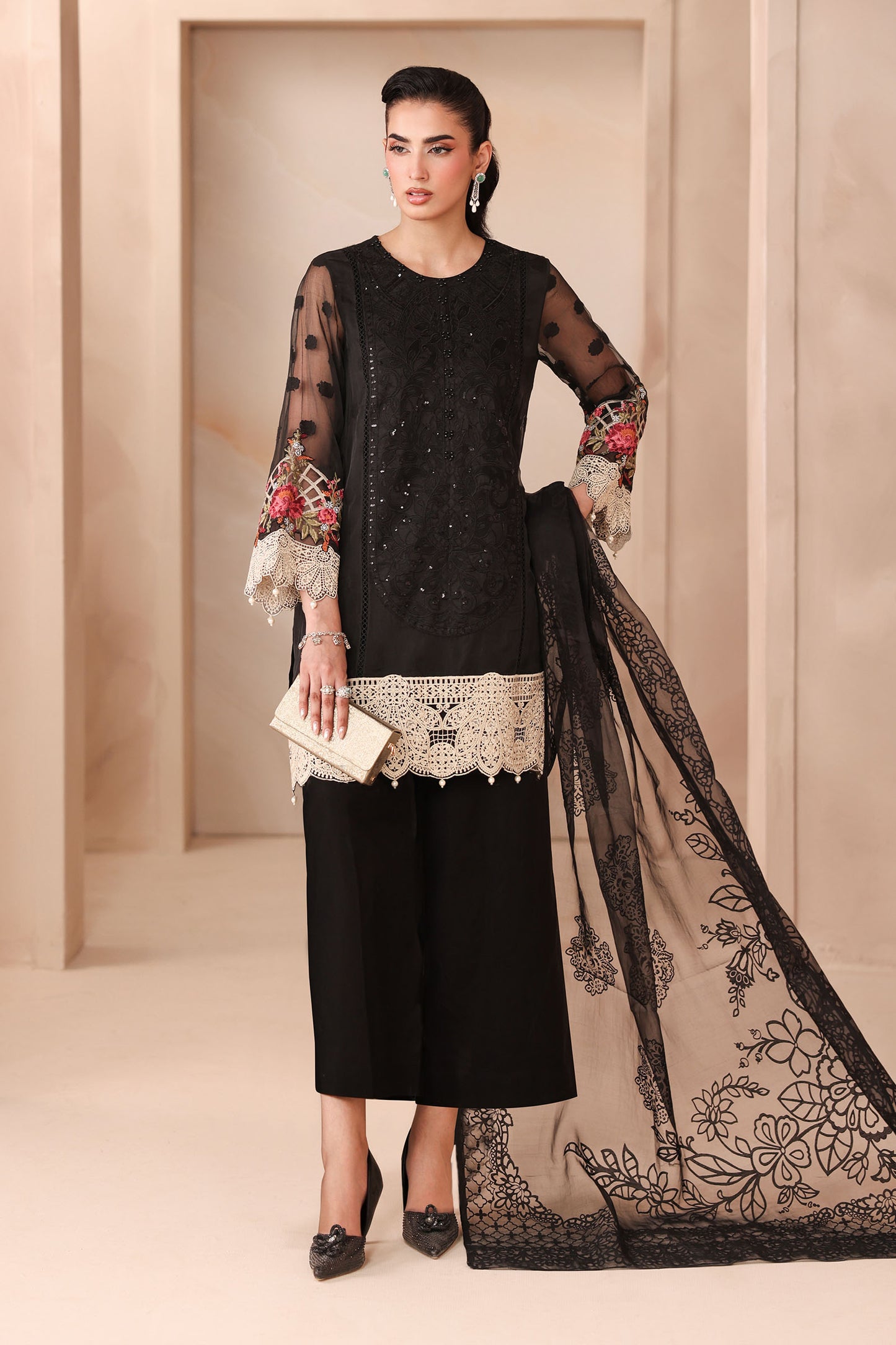 3 Piece Embroidered Organza Jacquard Suit