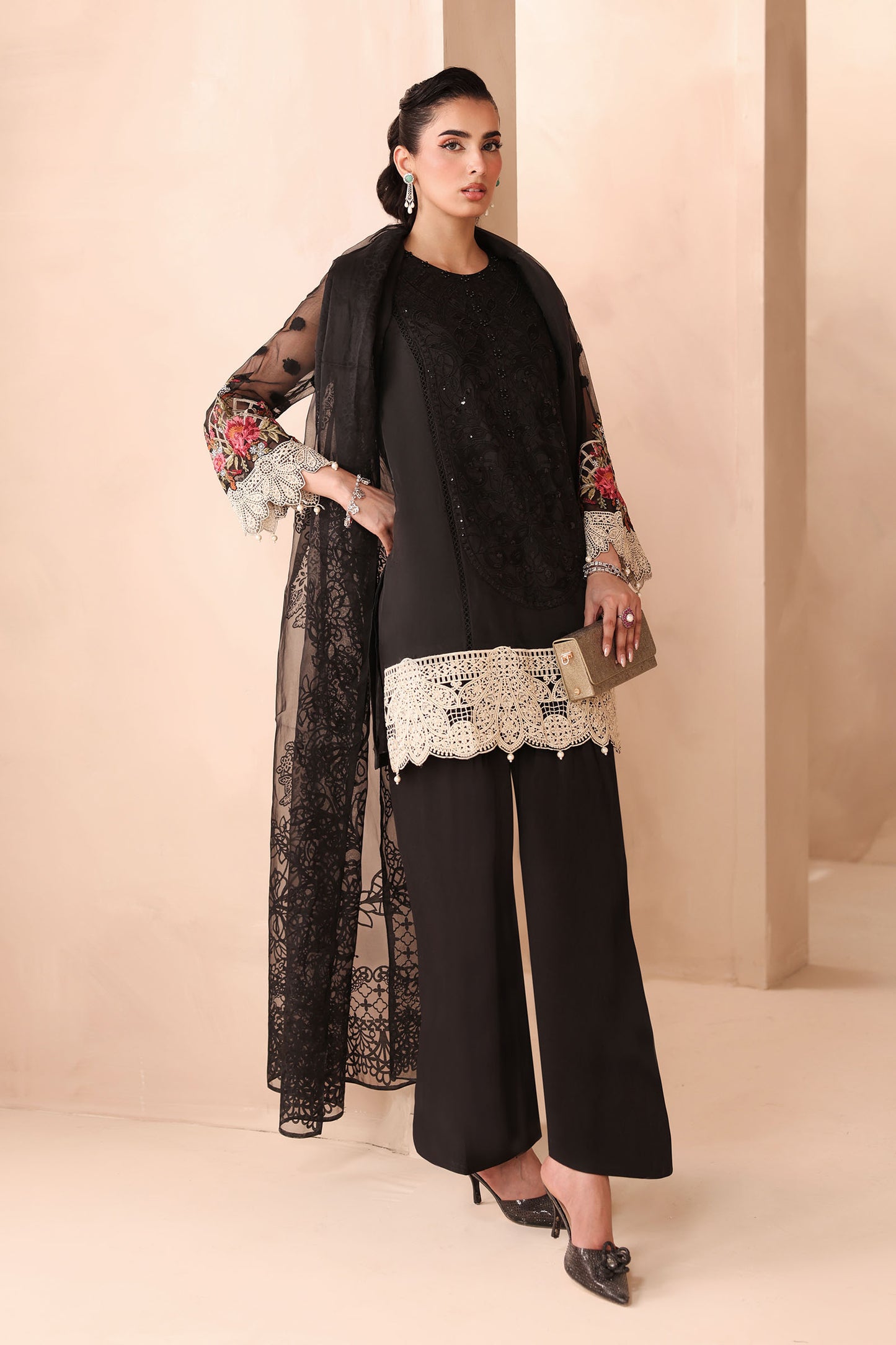 3 Piece Embroidered Organza Jacquard Suit