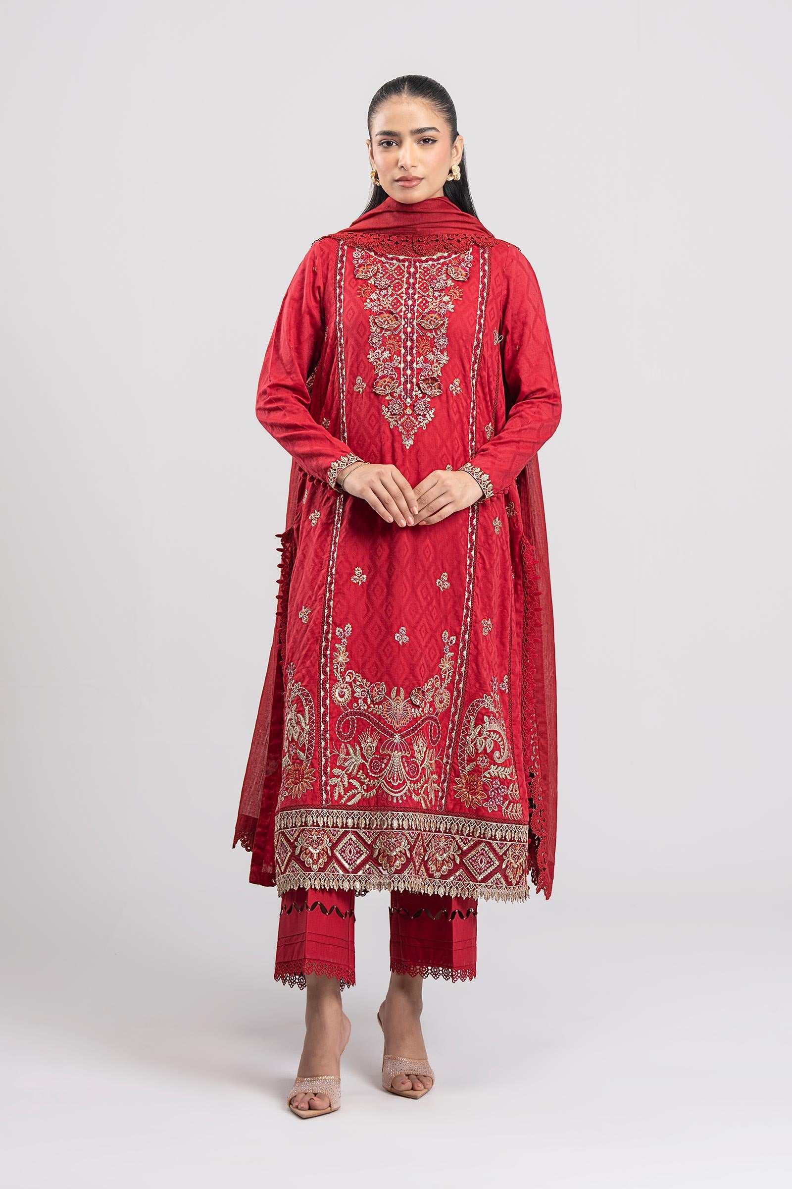 3 Pc Embroidered Mesh Lurex Dots Suit