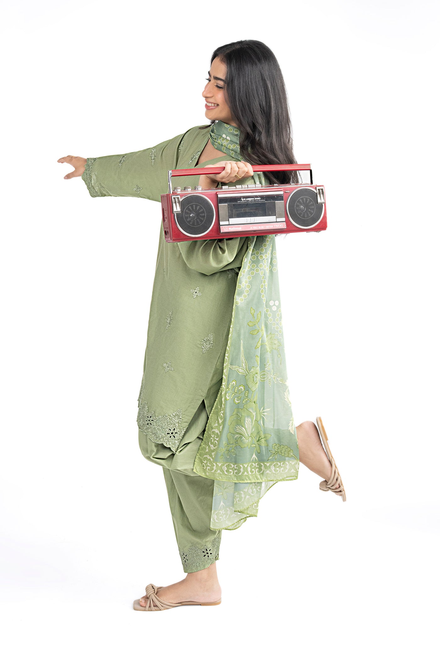3 Pc Embroidered Lurex Stripe Suit