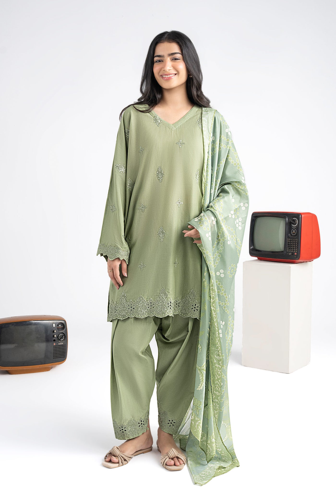 3 Pc Embroidered Lurex Stripe Suit