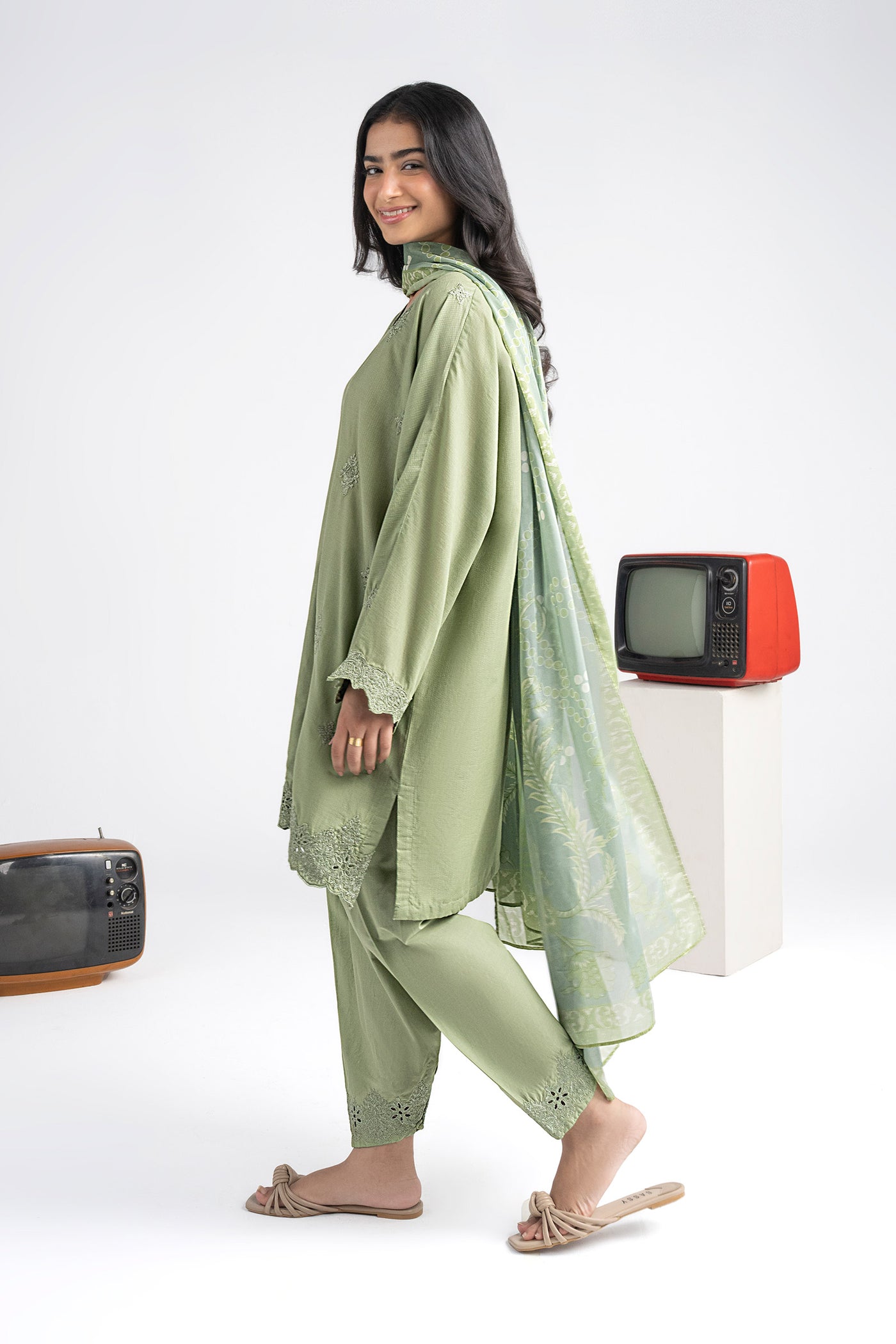 3 Pc Embroidered Lurex Stripe Suit