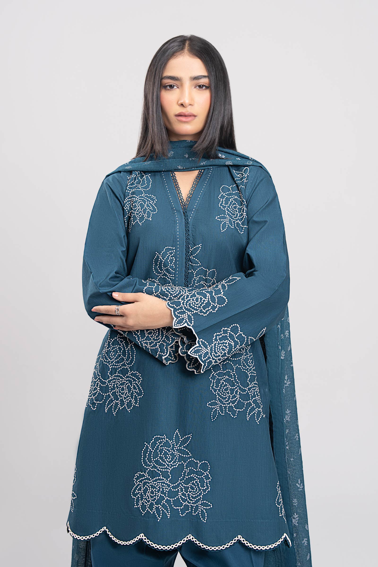 2 Pc Embroidered Textured Cotton Suit