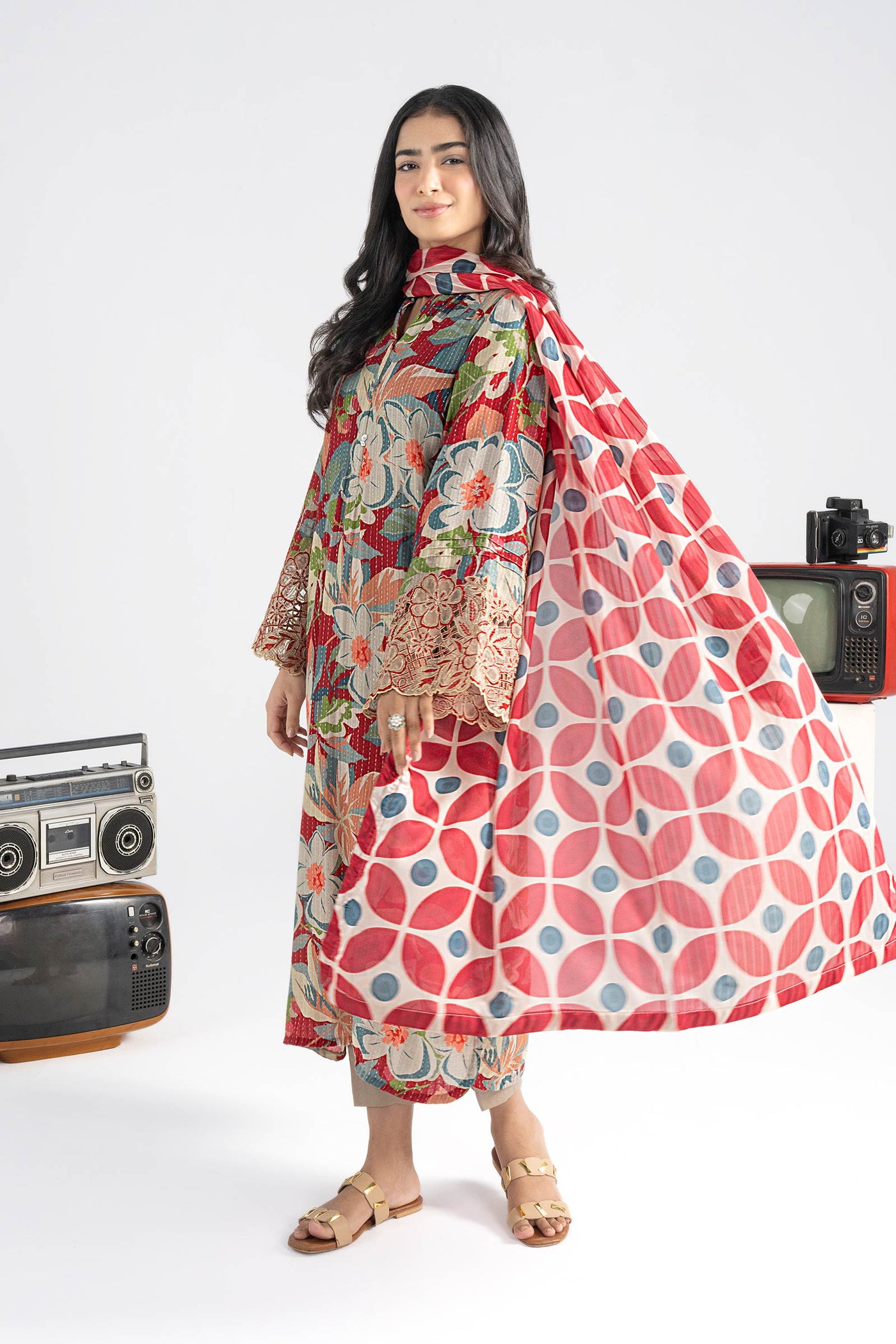 2 Pc Embroidered Lurex Cotton Suit