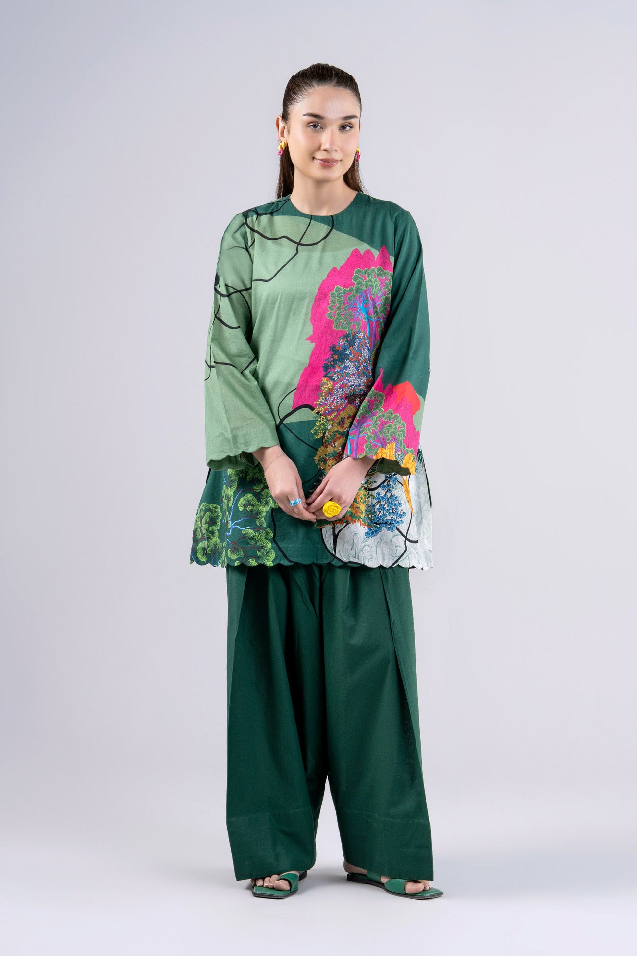 2 Pc Printed Slub Lawn Suit