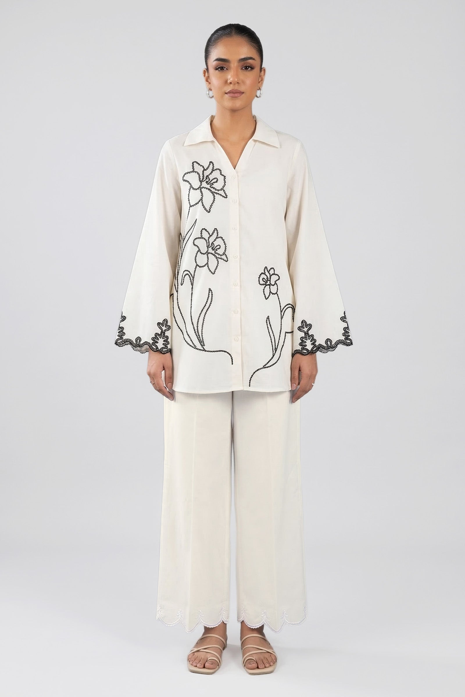 Embroidered Slub Lawn Shirt