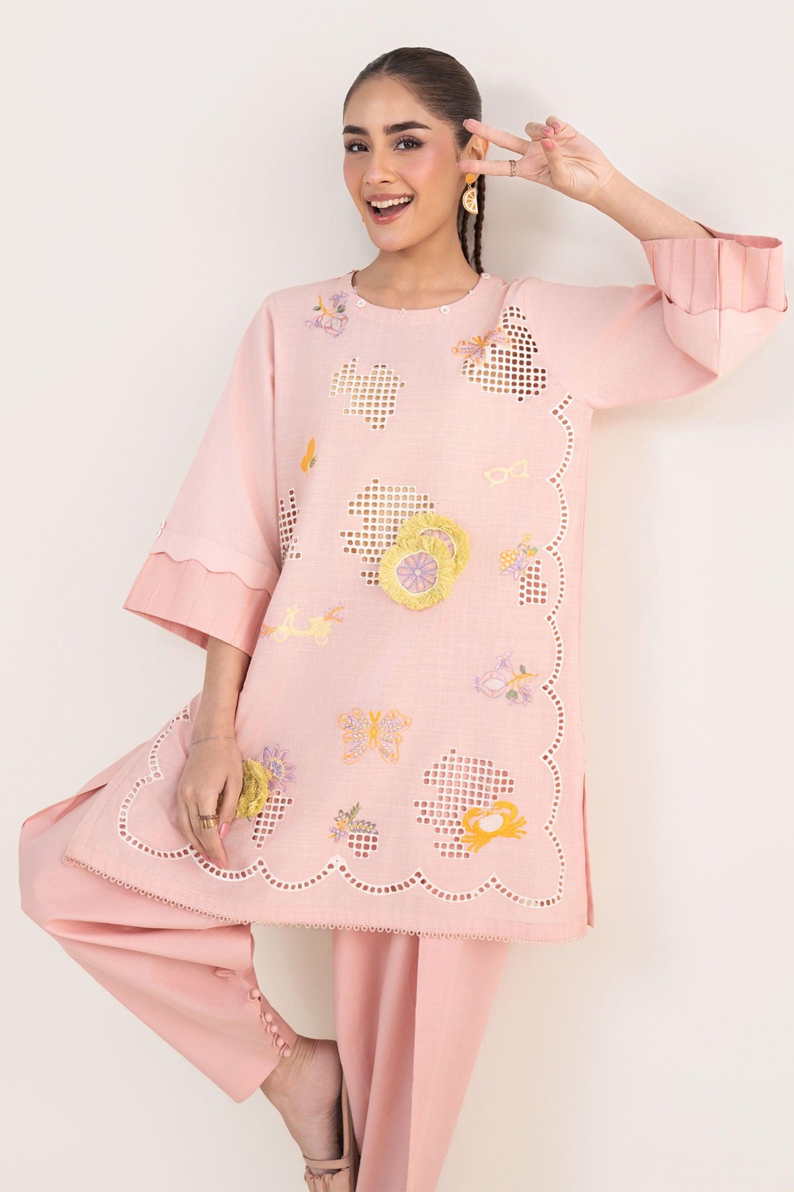 2 Pc Embroidered Cotton Chambray Suit