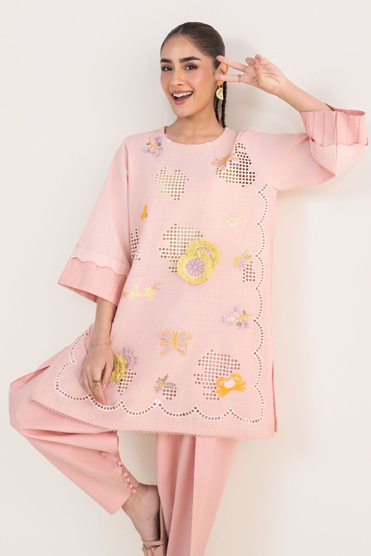 2 Pc Embroidered Cotton Chambray Suit