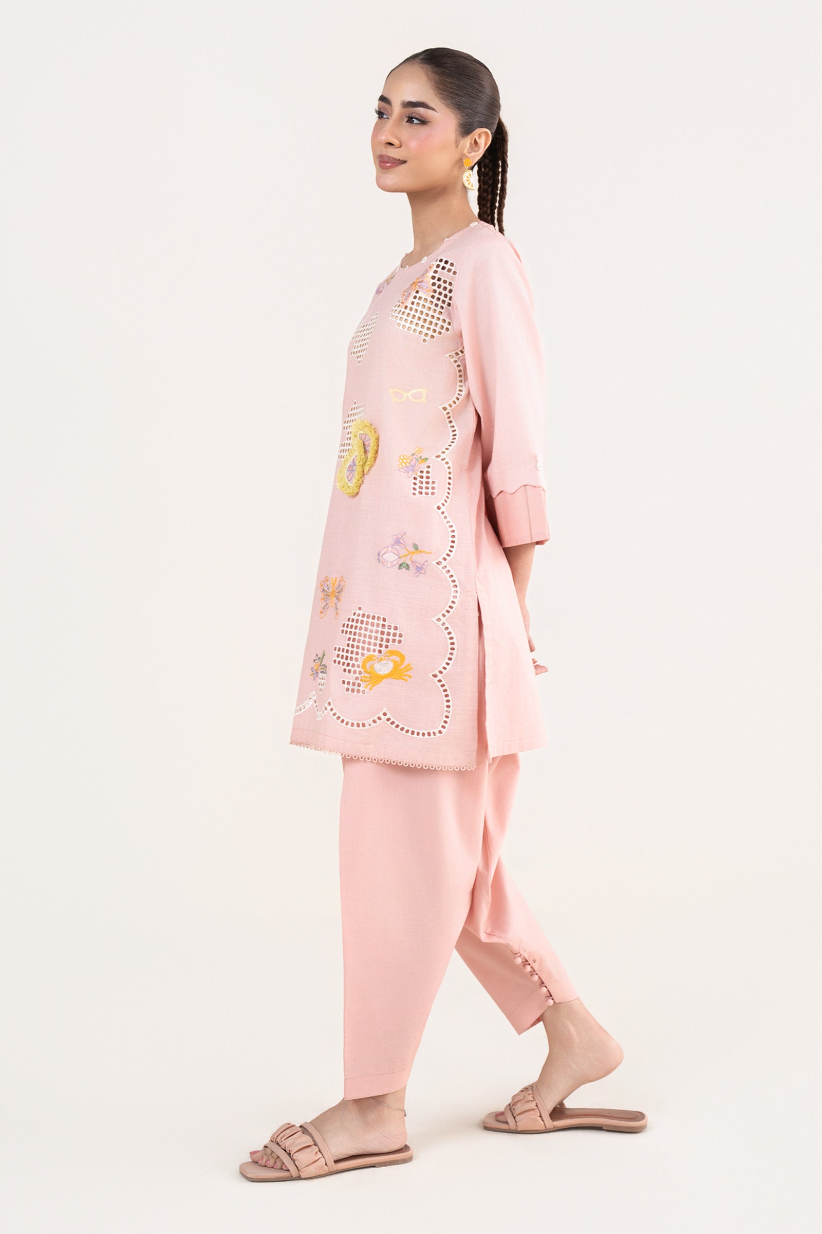 2 Pc Embroidered Cotton Chambray Suit
