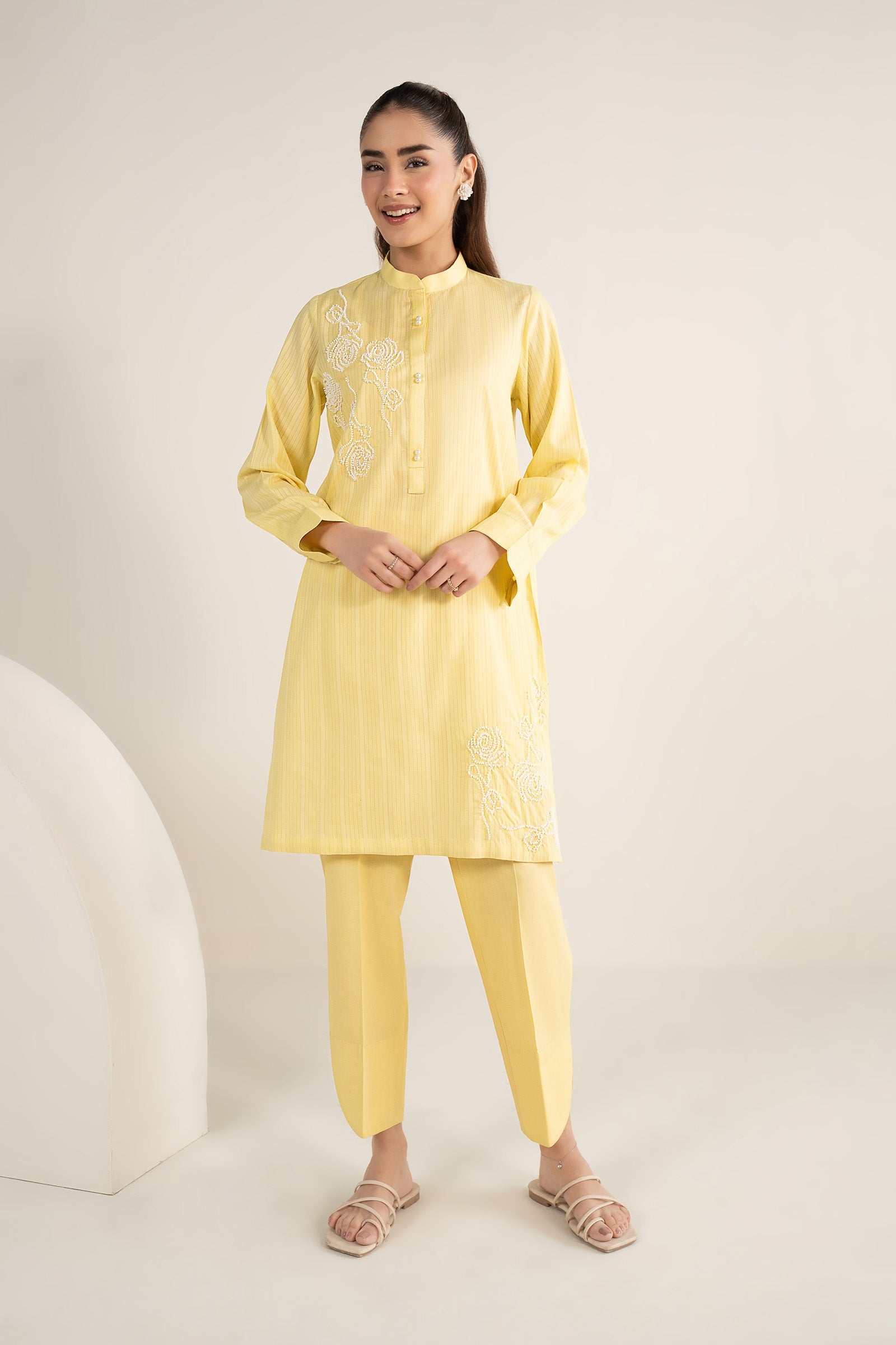 2 Pc Embroidered Cotton Stripe Suit