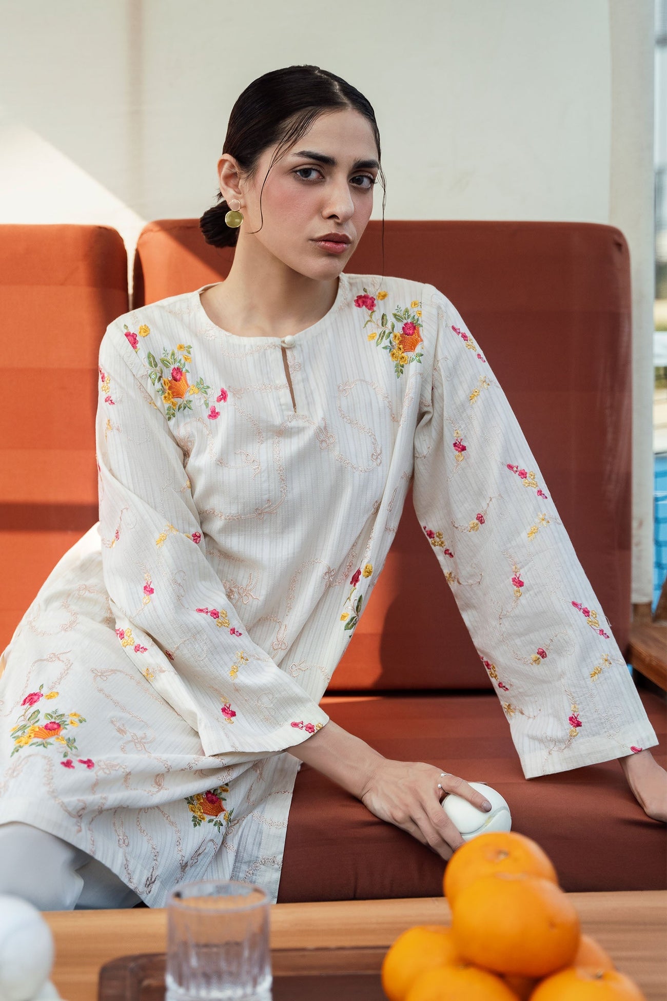 2 Pc Embroidered Cotton Stripe Suit