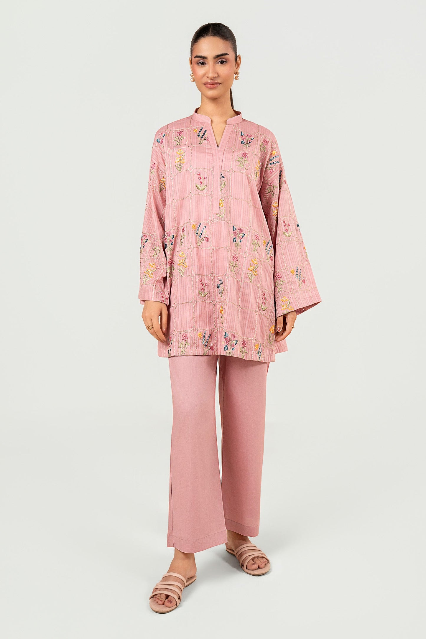 2 Pc Embroidered Cotton Stripe Suit