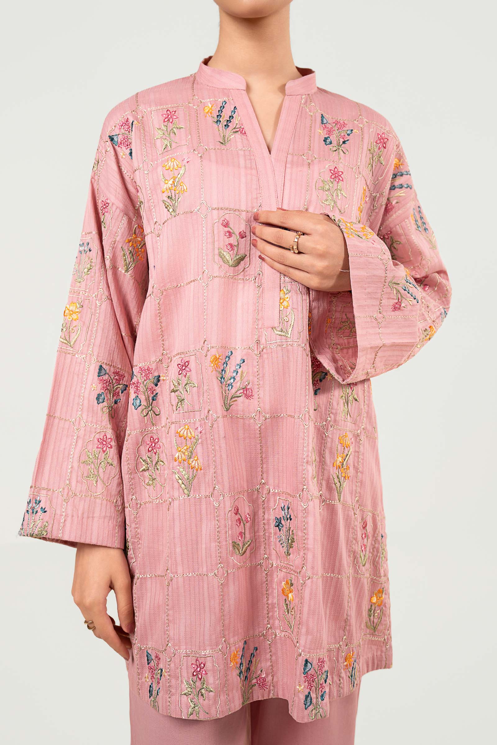 2 Pc Embroidered Cotton Stripe Suit