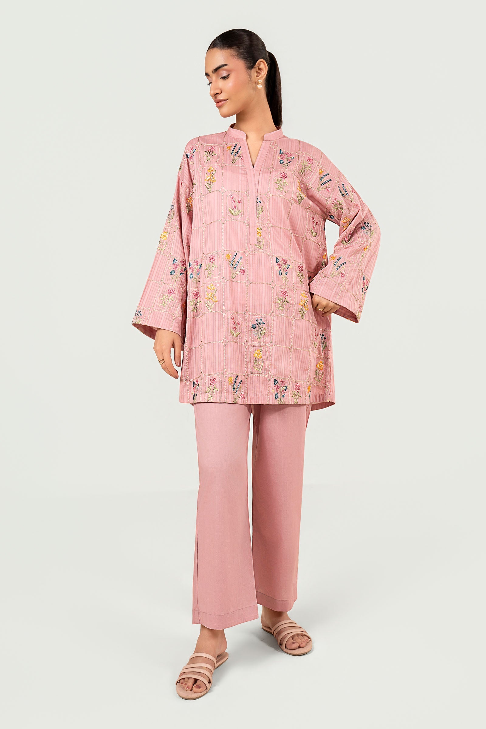 2 Pc Embroidered Cotton Stripe Suit