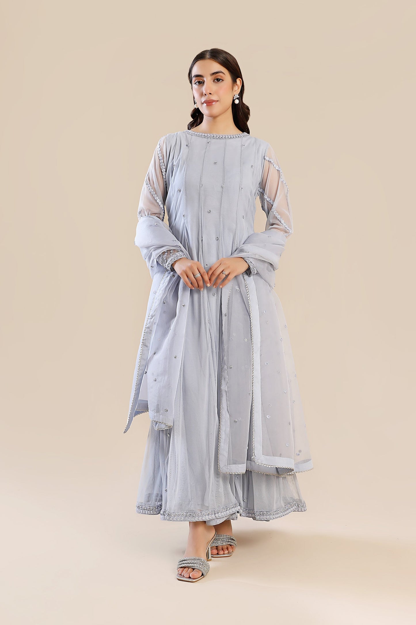 3 Piece Embroidered Poly Net Suit