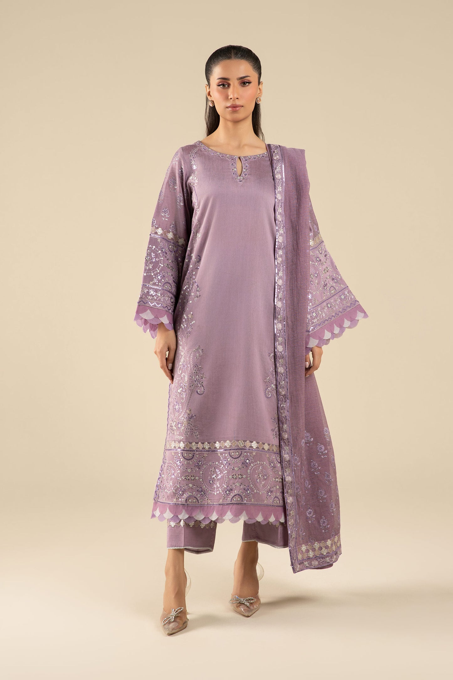 3 Pc Embroidered Two Tone Silk Suit