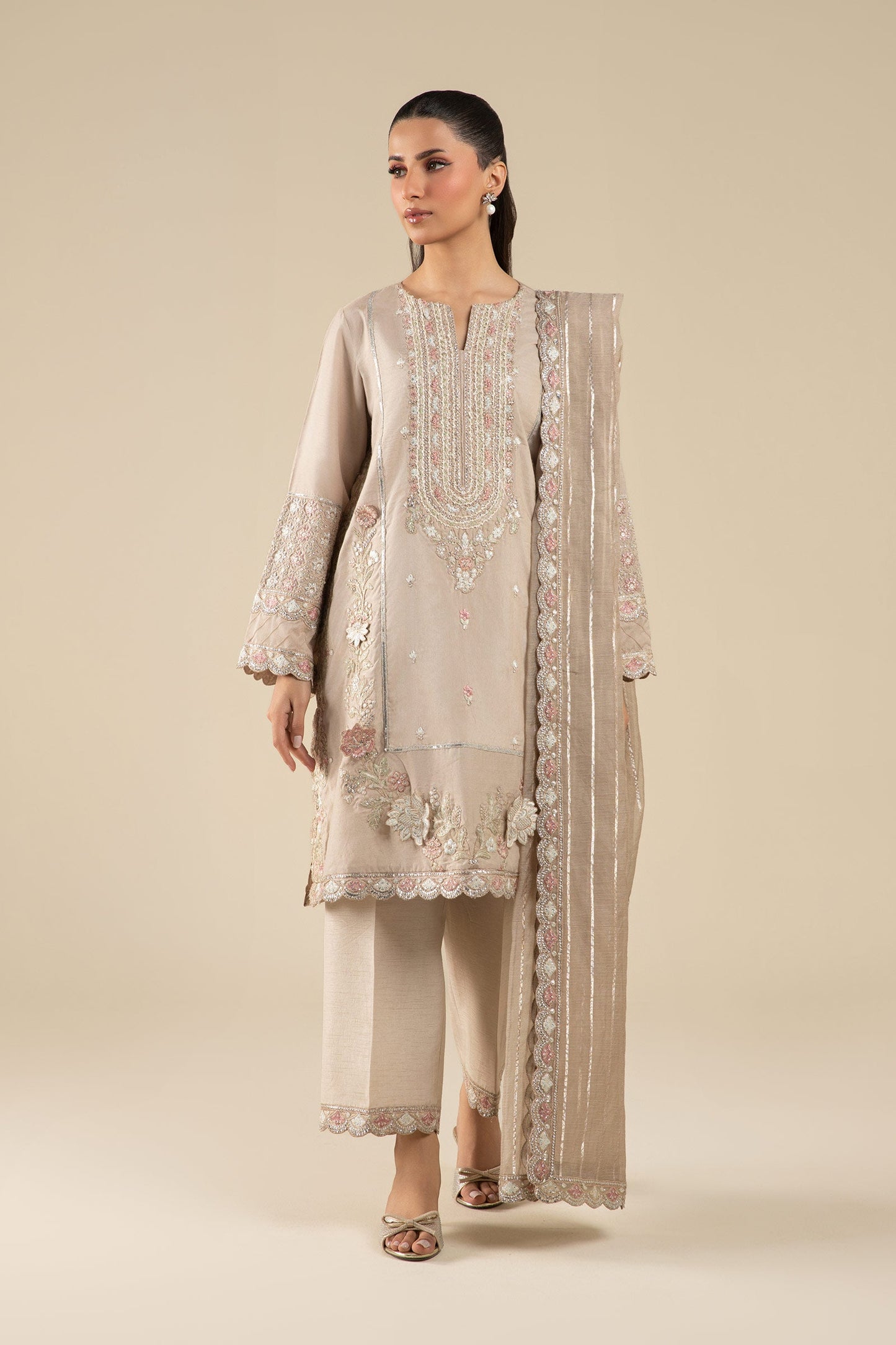 3 Pc Embroidered Two Tone Silk Suit