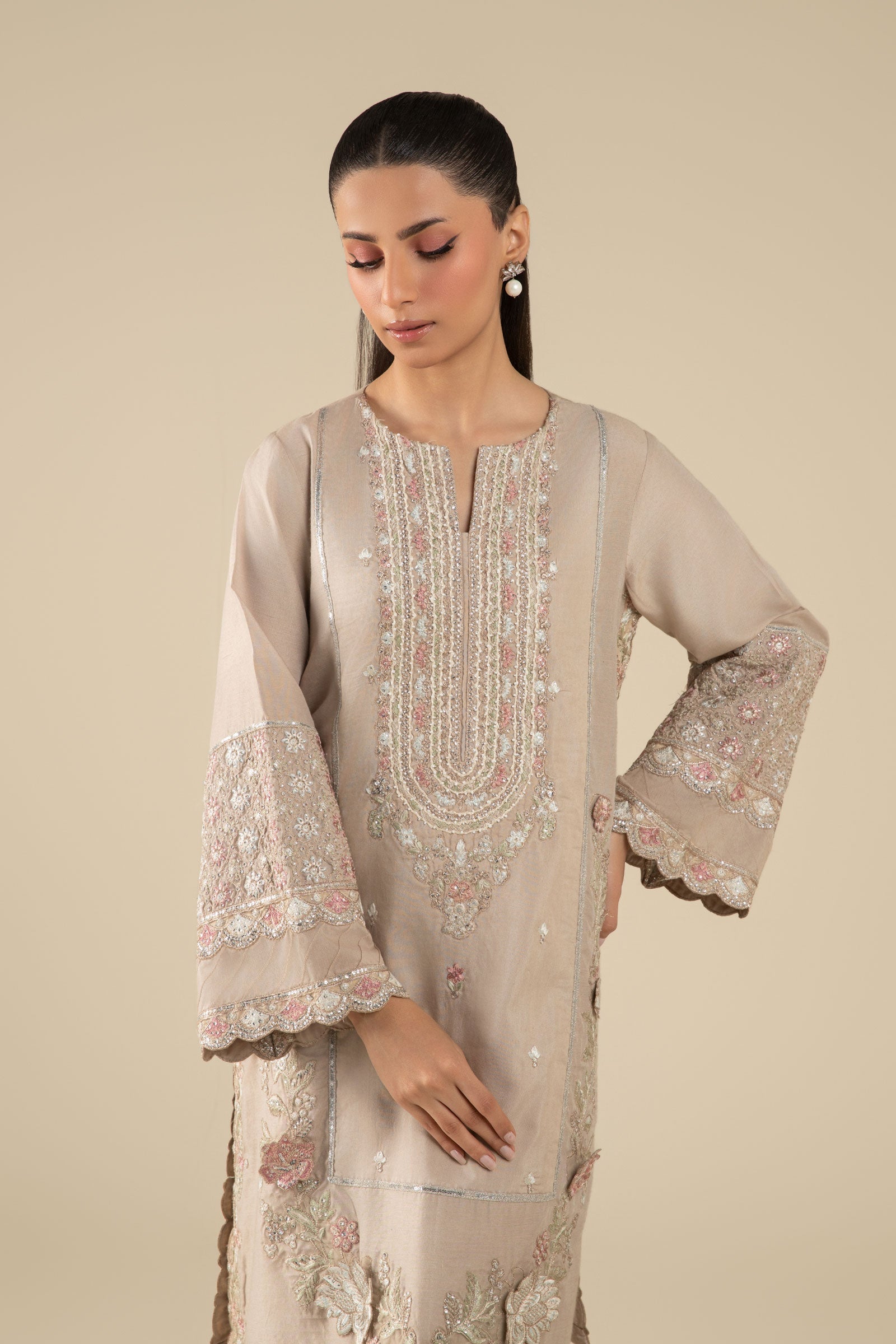 3 Pc Embroidered Two Tone Silk Suit