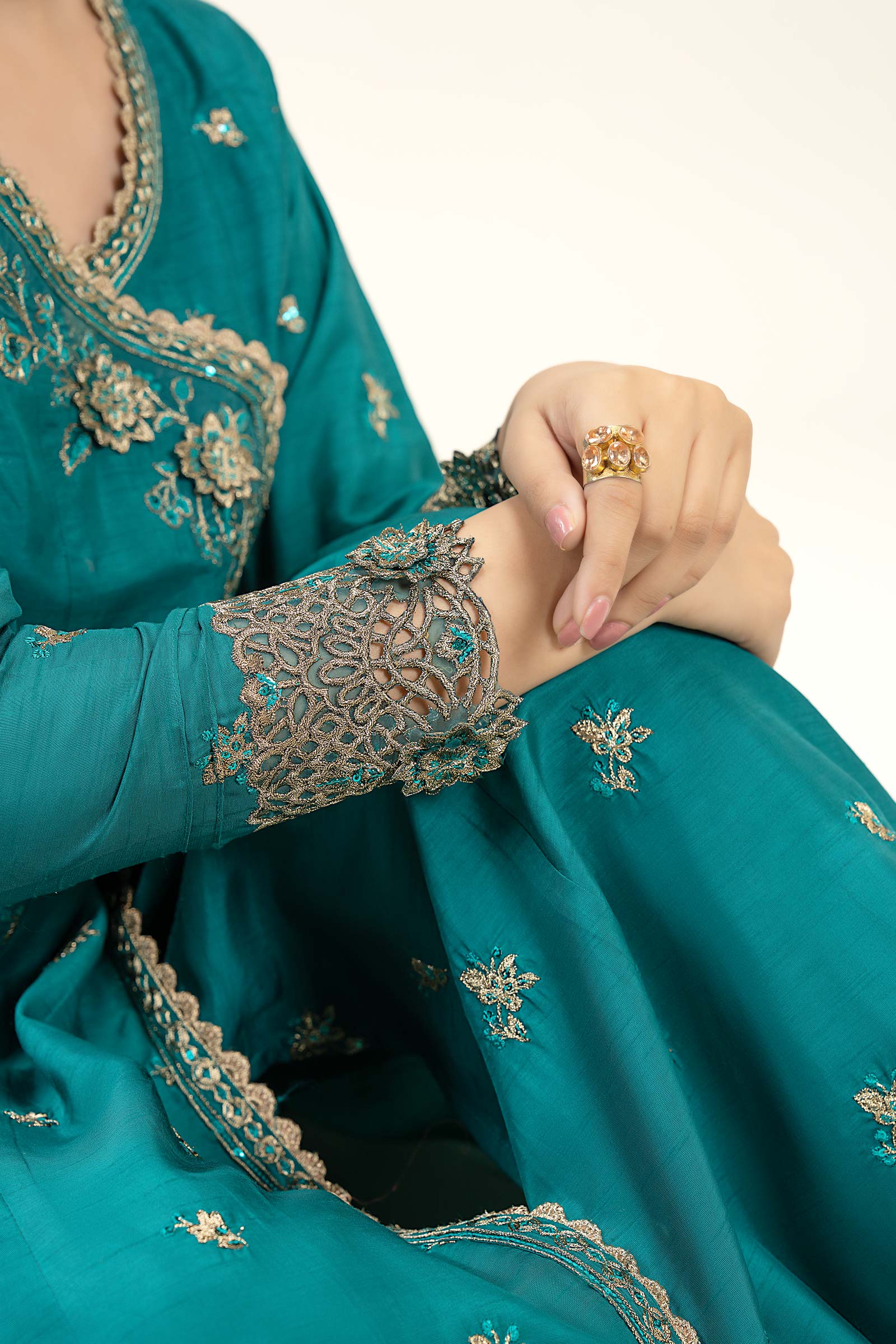 2 Pc Embroidered Raw Silk Suit