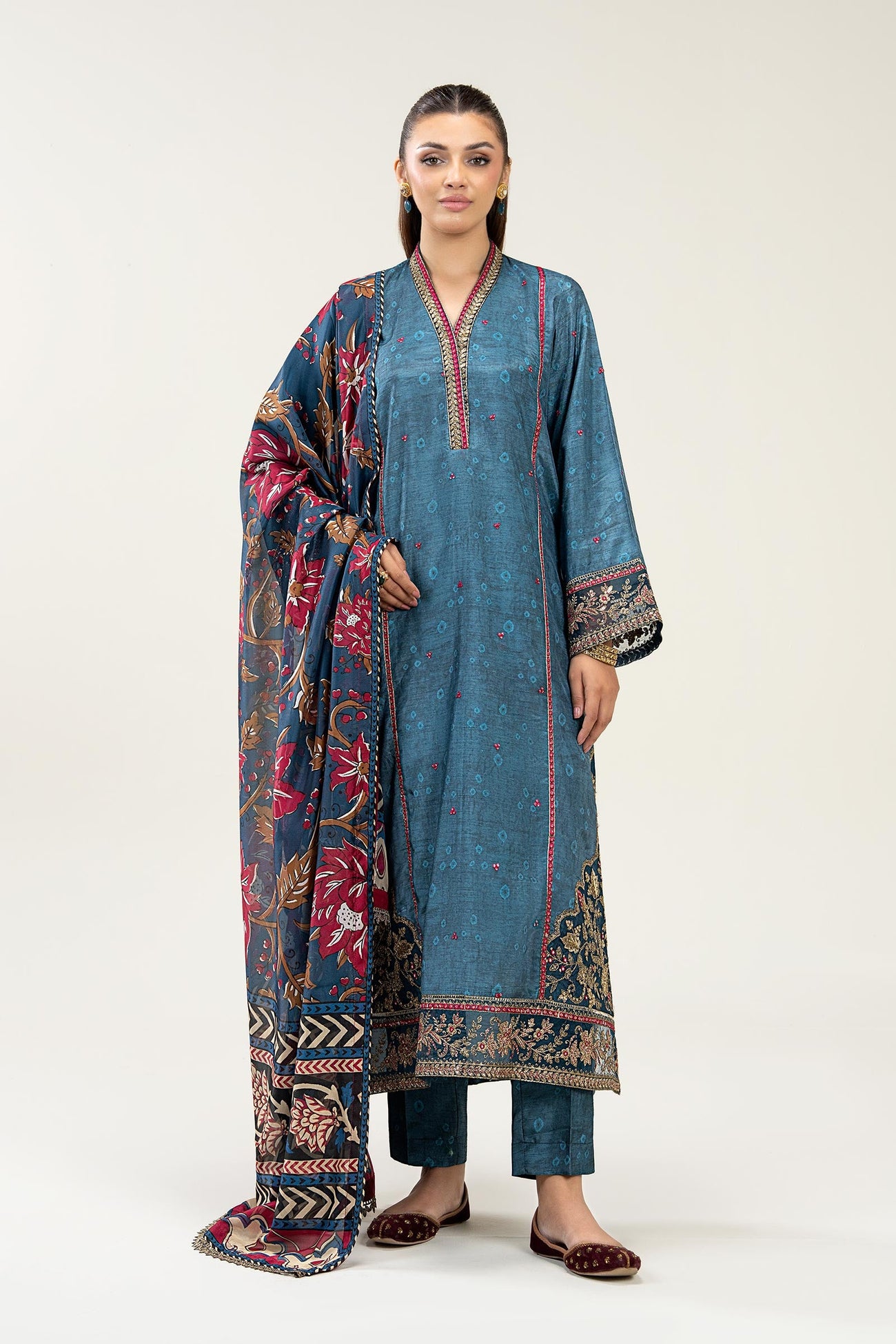3 Pc Embroidered Raw Silk Suit