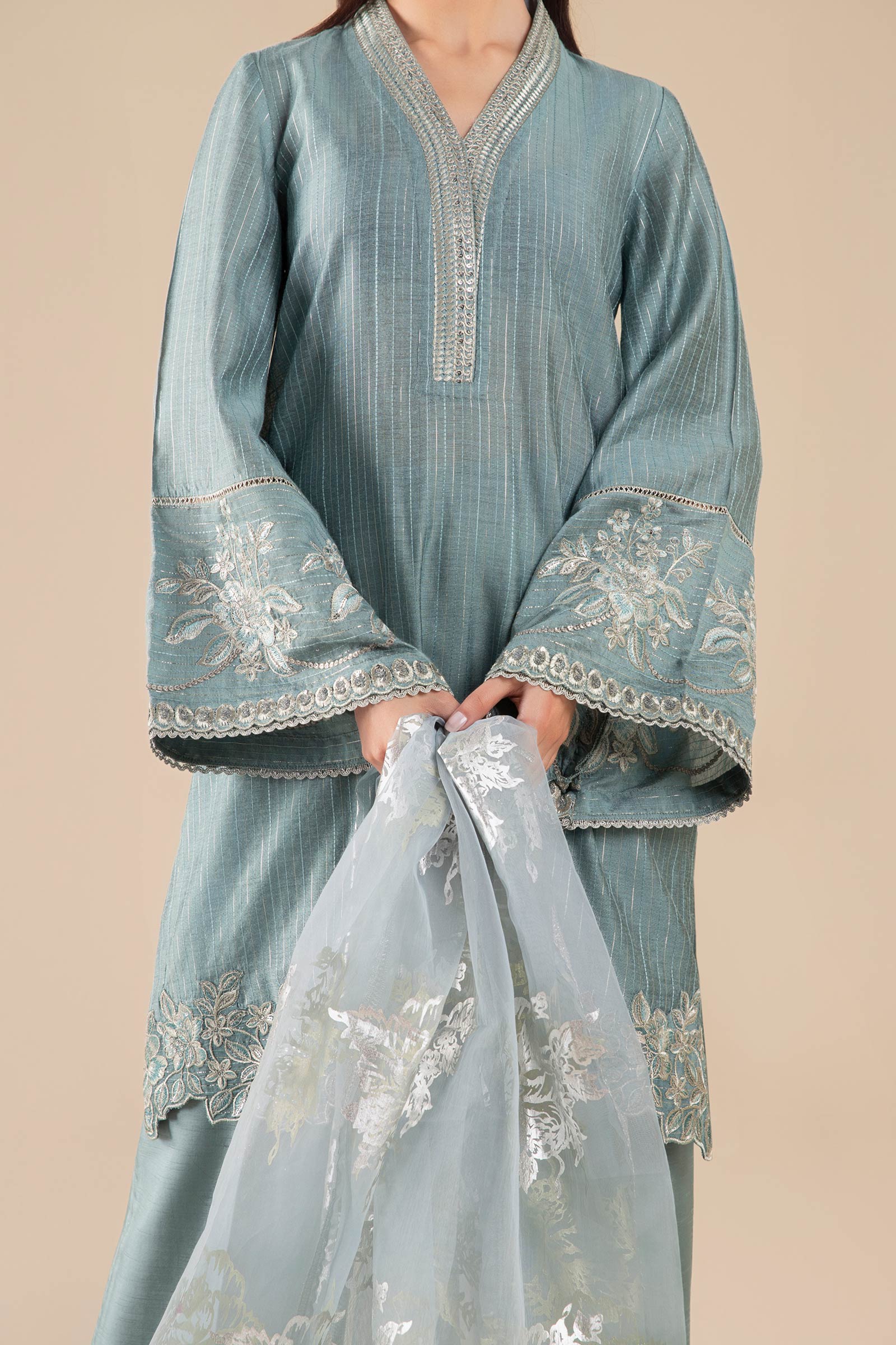 3 Pc Embroidered Two Tone Lurex Silk Suit