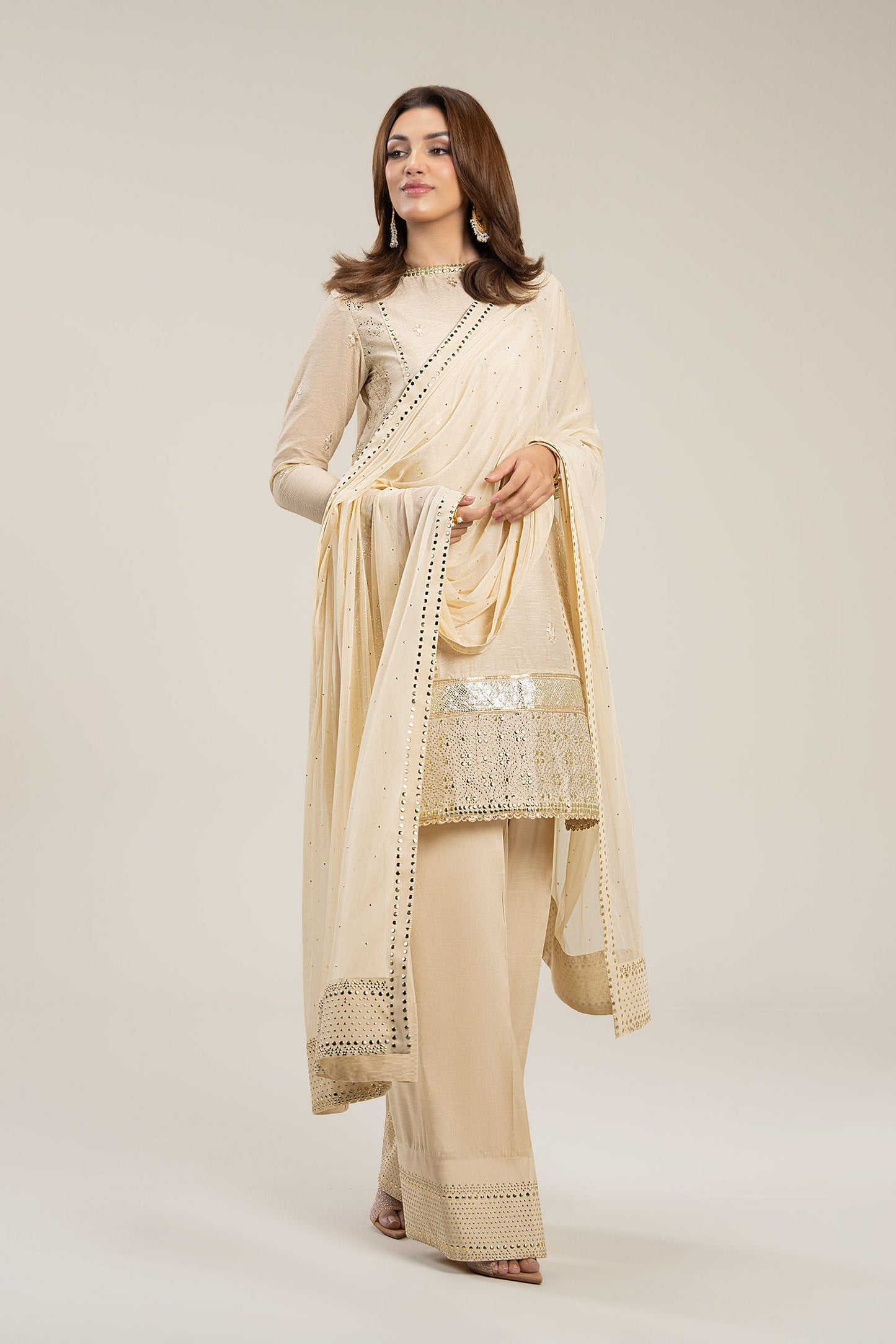 3 Pc Embellished Lurex Pinstripe Suit