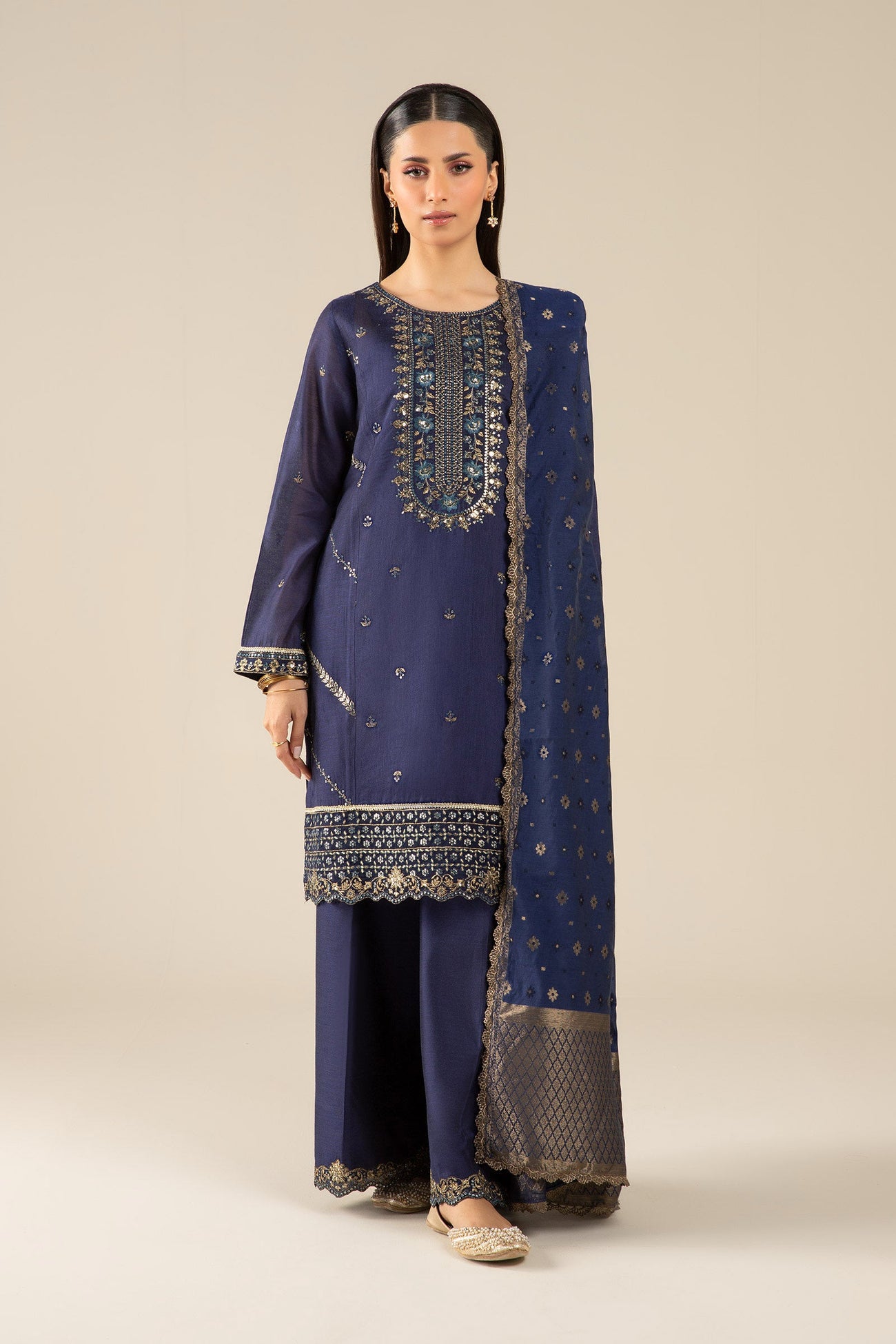 3 Pc Embroidered Two Tone Silk Suit