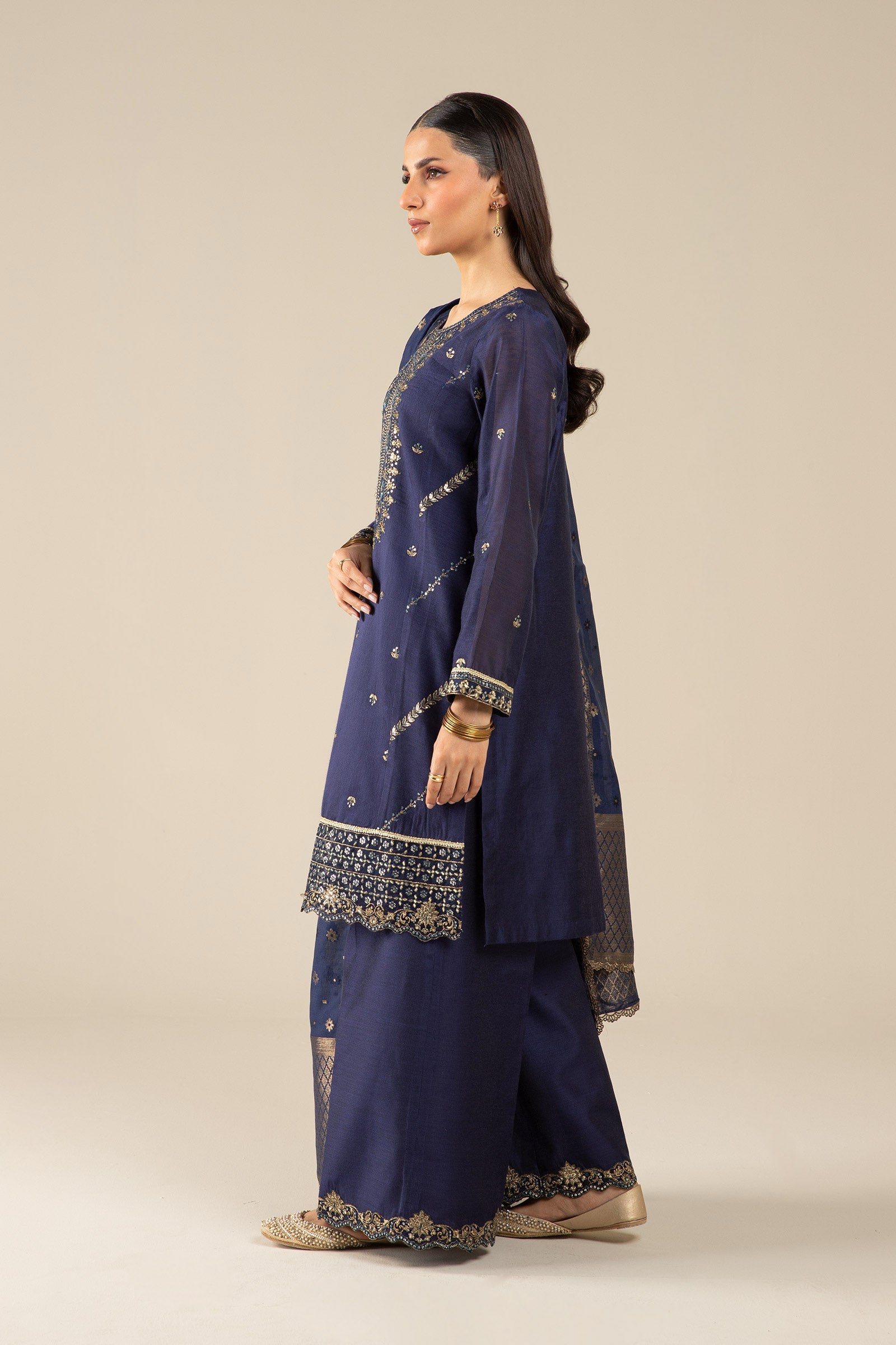 3 Pc Embroidered Two Tone Silk Suit