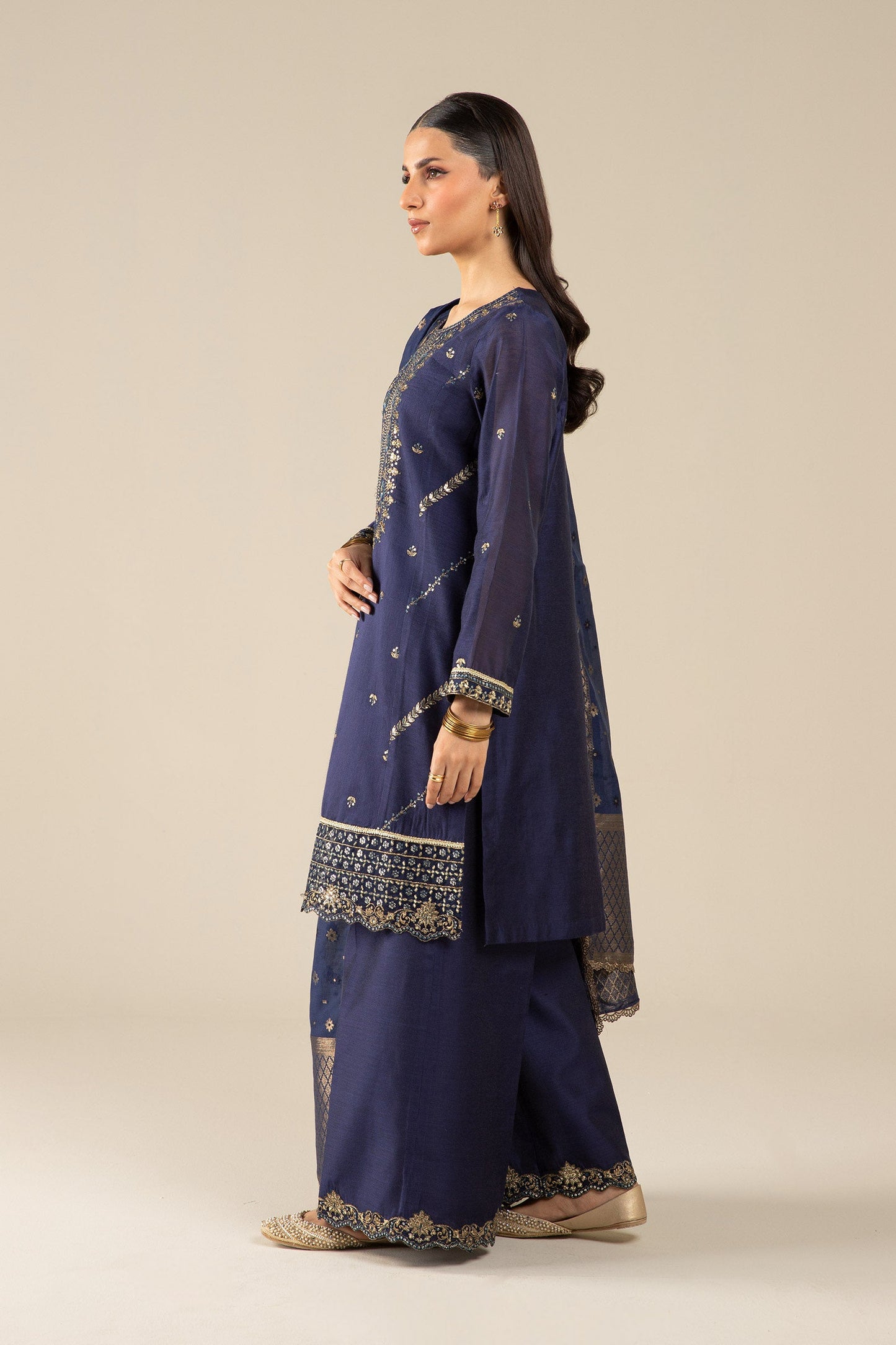 3 Pc Embroidered Two Tone Silk Suit
