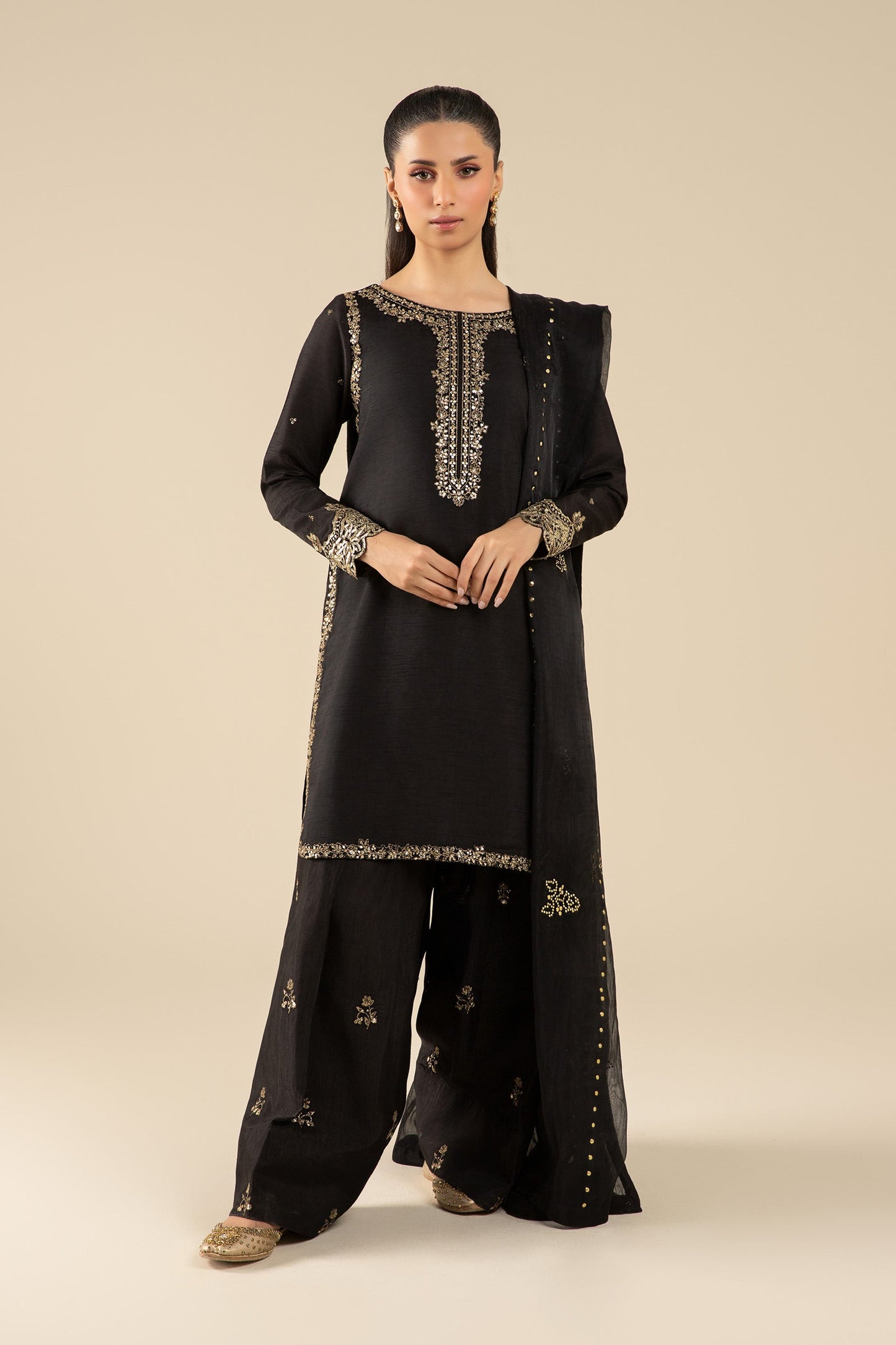 3 Pc Embroidered Raw Silk Suit