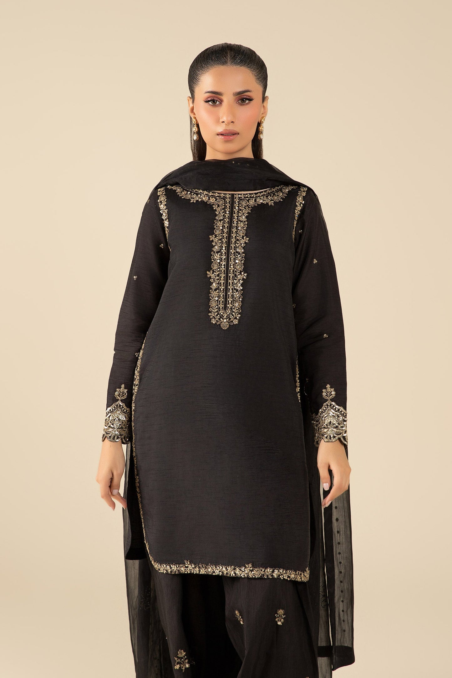 3 Pc Embroidered Raw Silk Suit