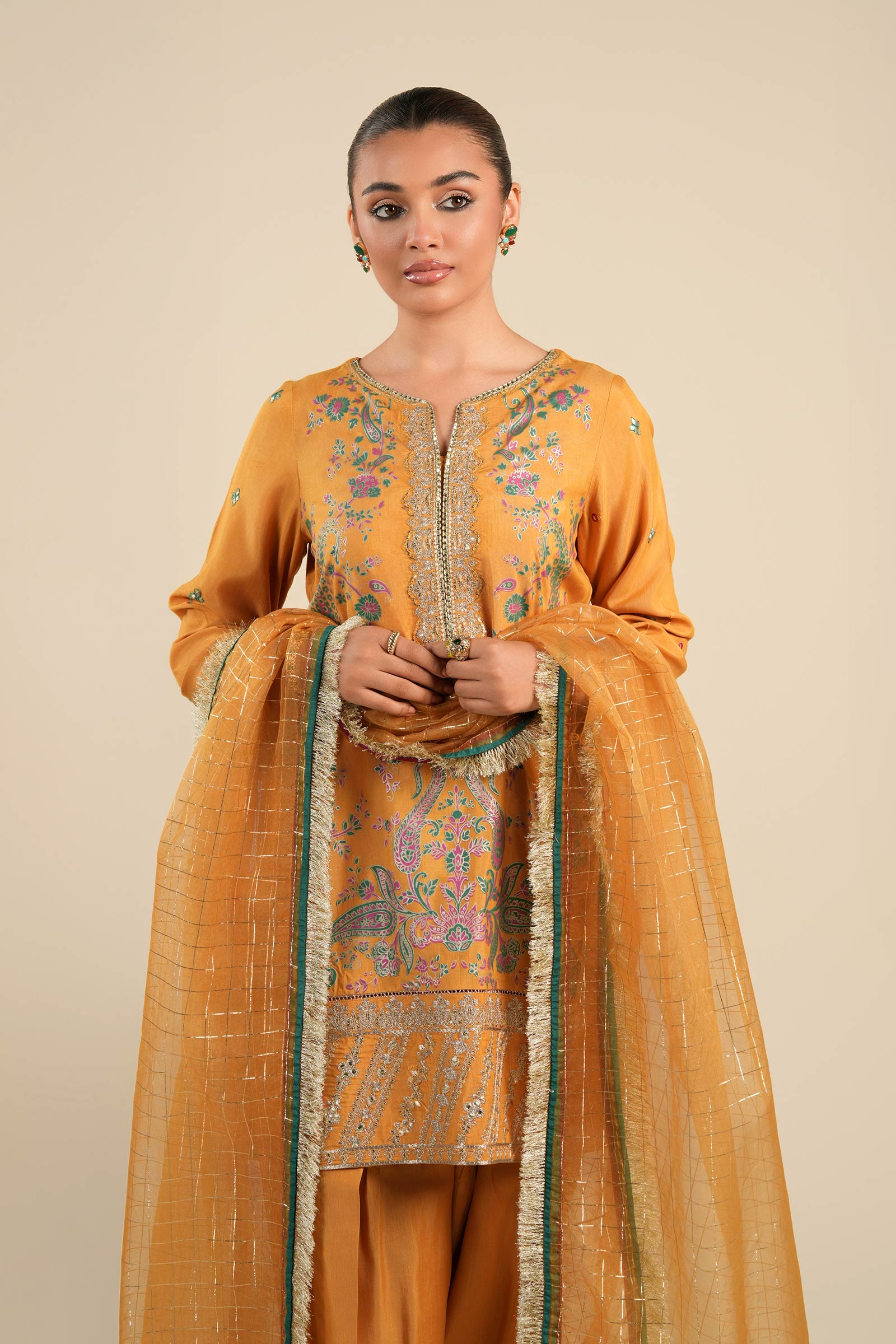 3 Pc Embroidered Raw Silk Suit