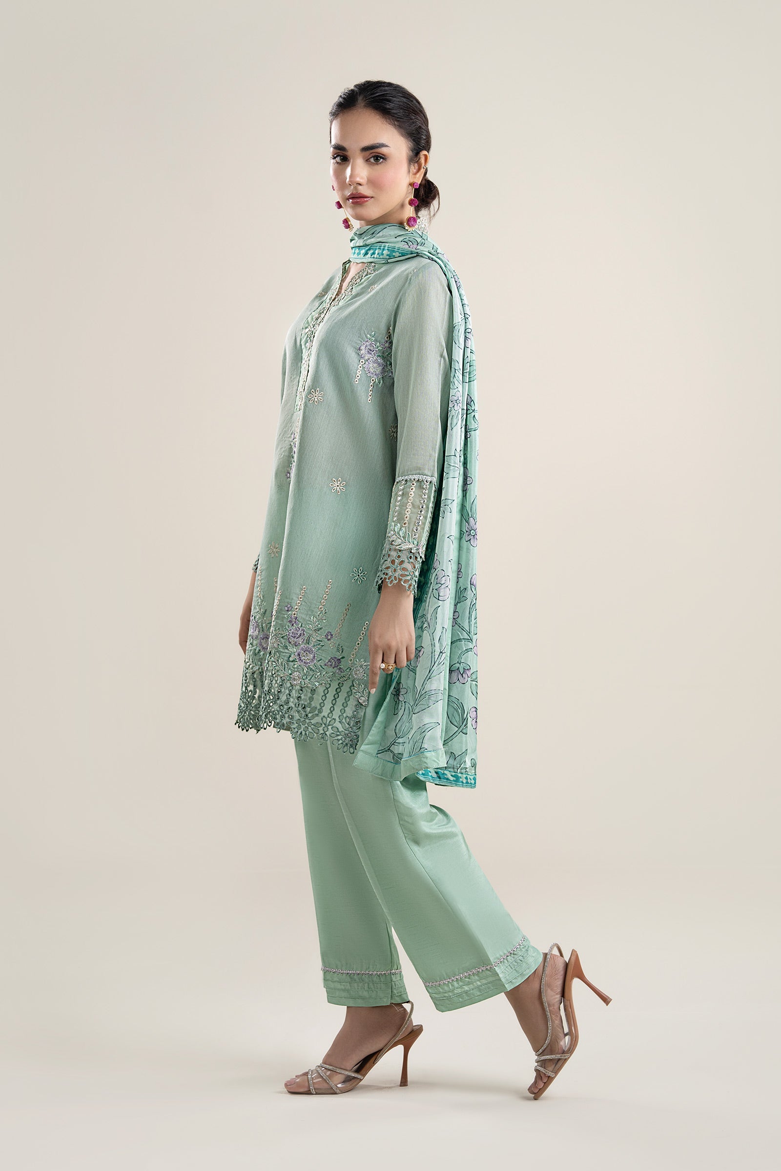 3 Pc Embroidered Lurex Pinstripe Suit