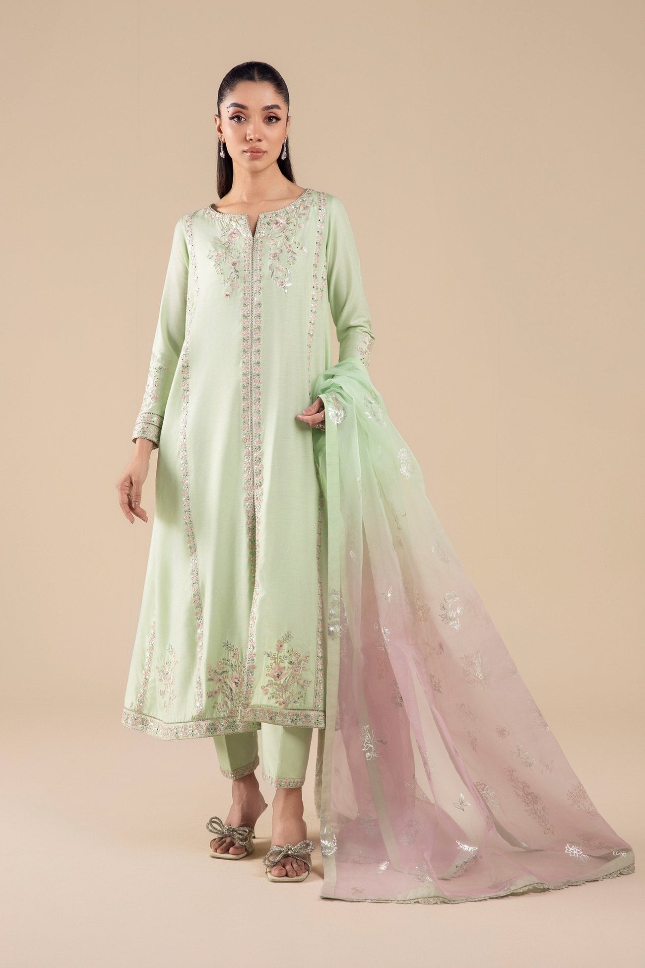 3 Pc Embroidered Two Tone Silk Suit