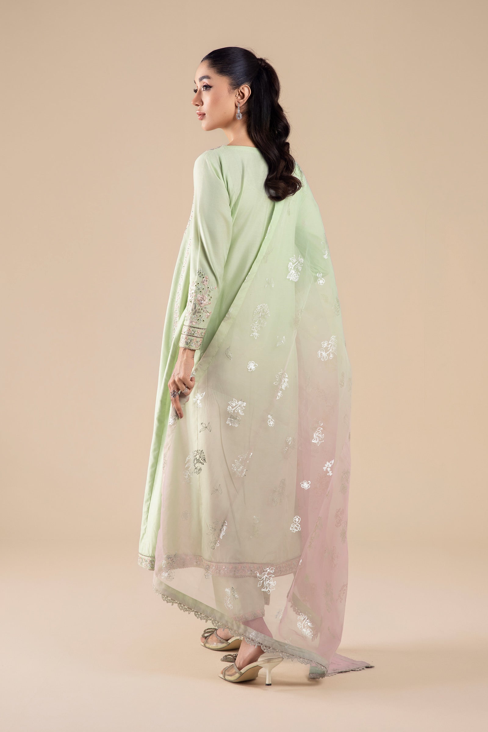 3 Pc Embroidered Two Tone Silk Suit