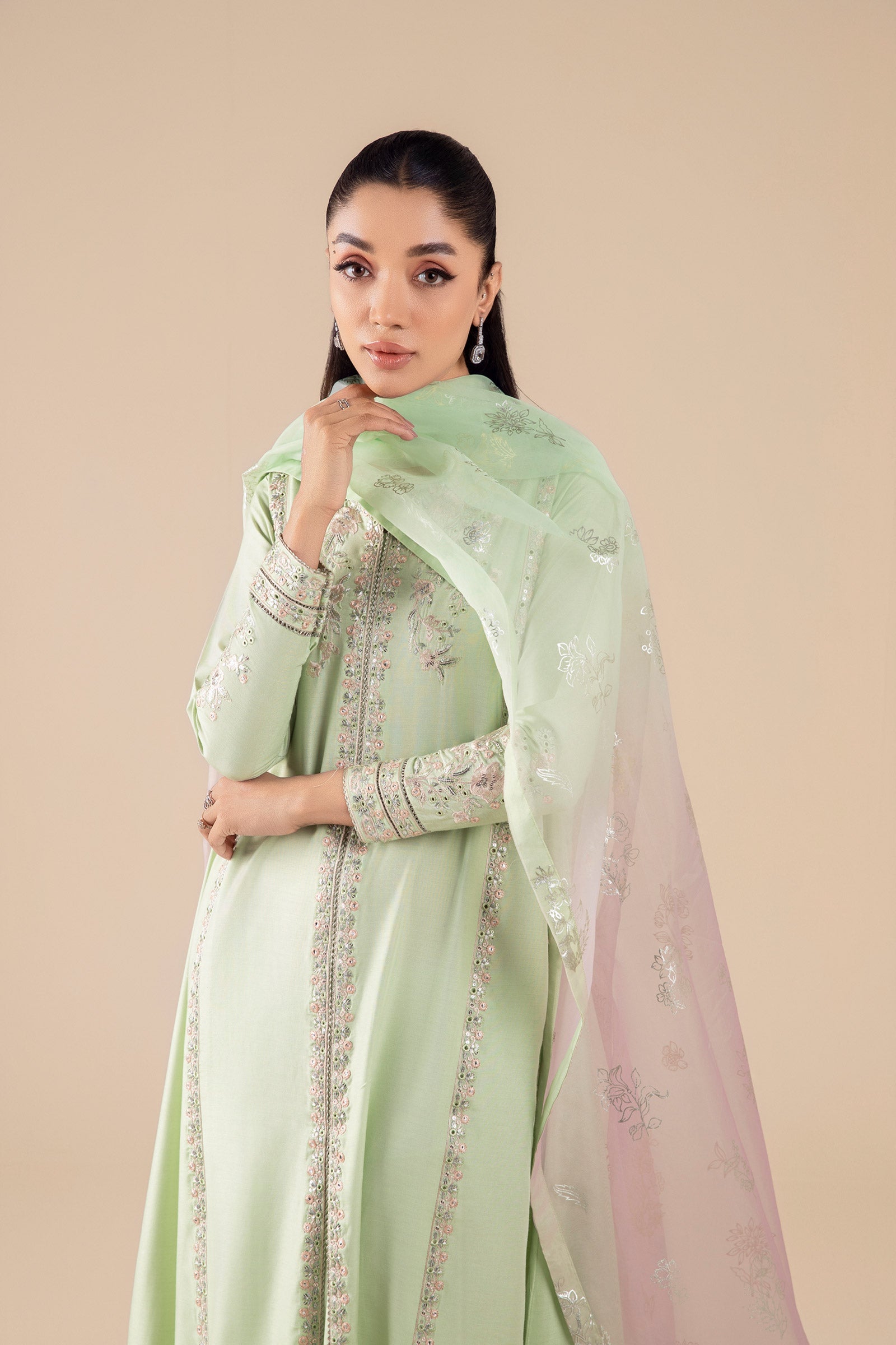 3 Pc Embroidered Two Tone Silk Suit
