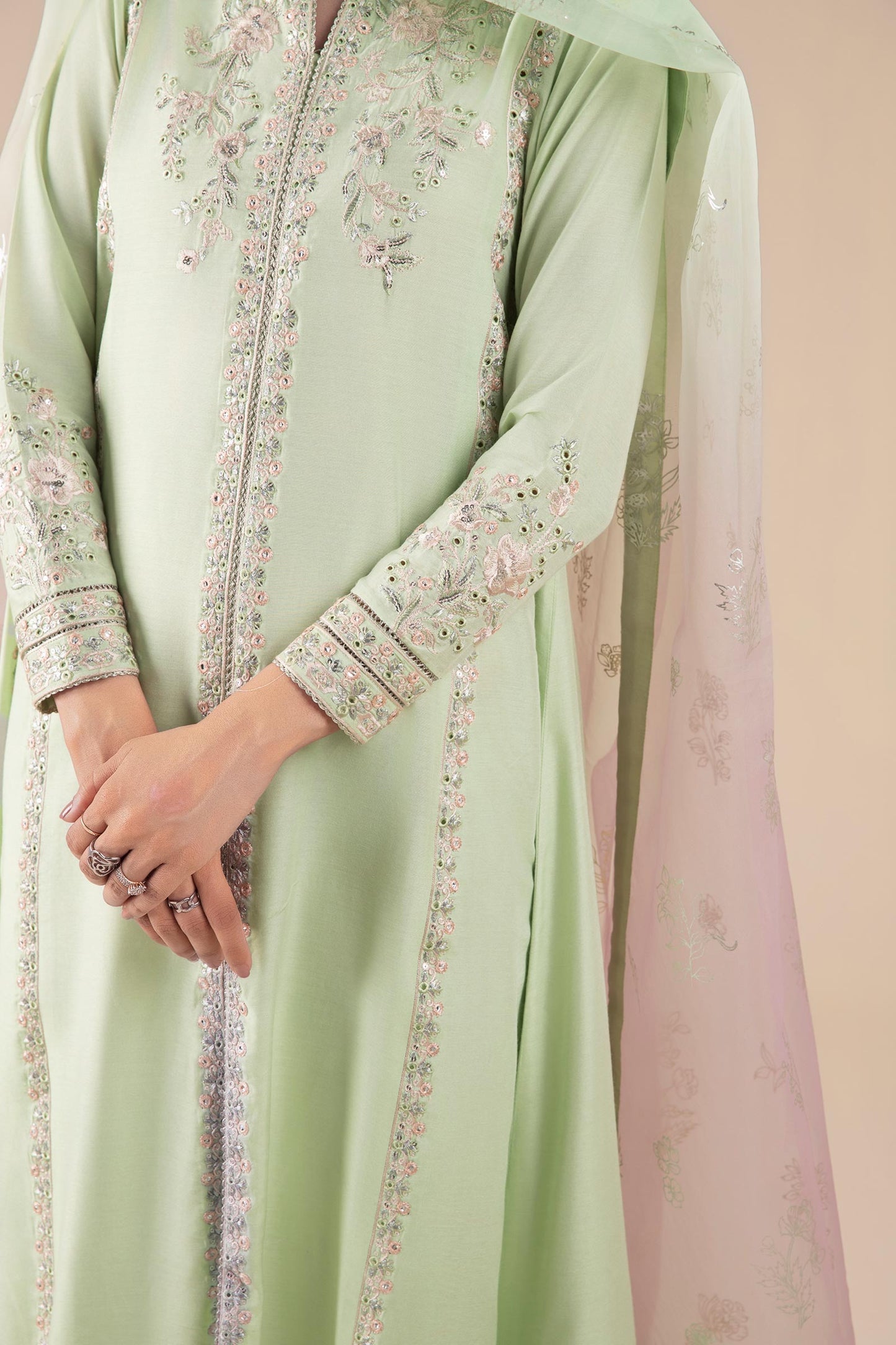 3 Pc Embroidered Two Tone Silk Suit