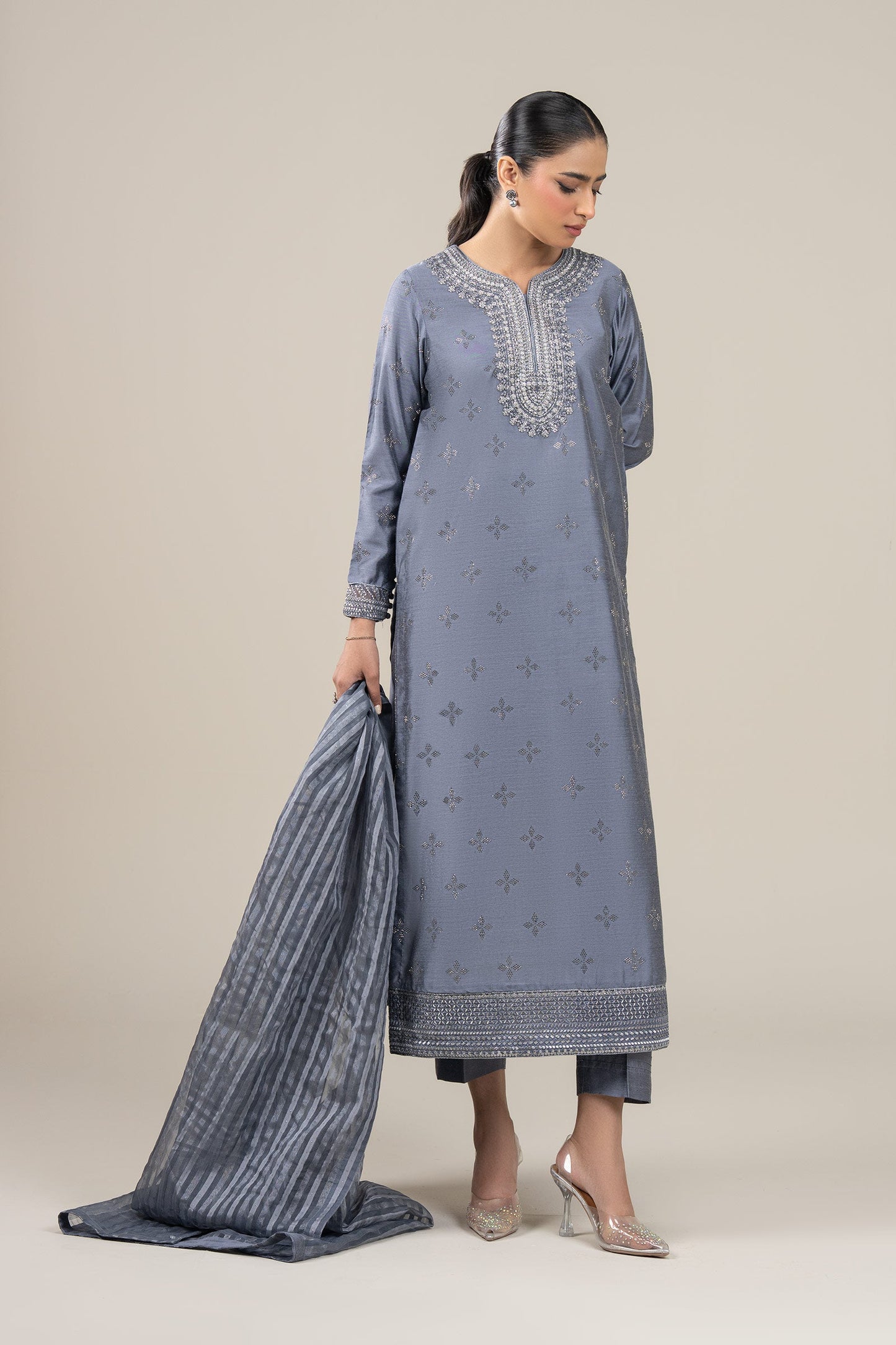 3 Pc Embroidered Two Tone Silk Suit