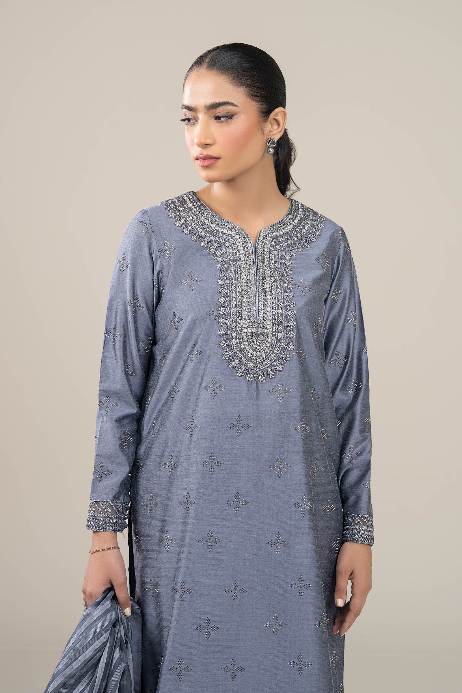 3 Pc Embroidered Two Tone Silk Suit