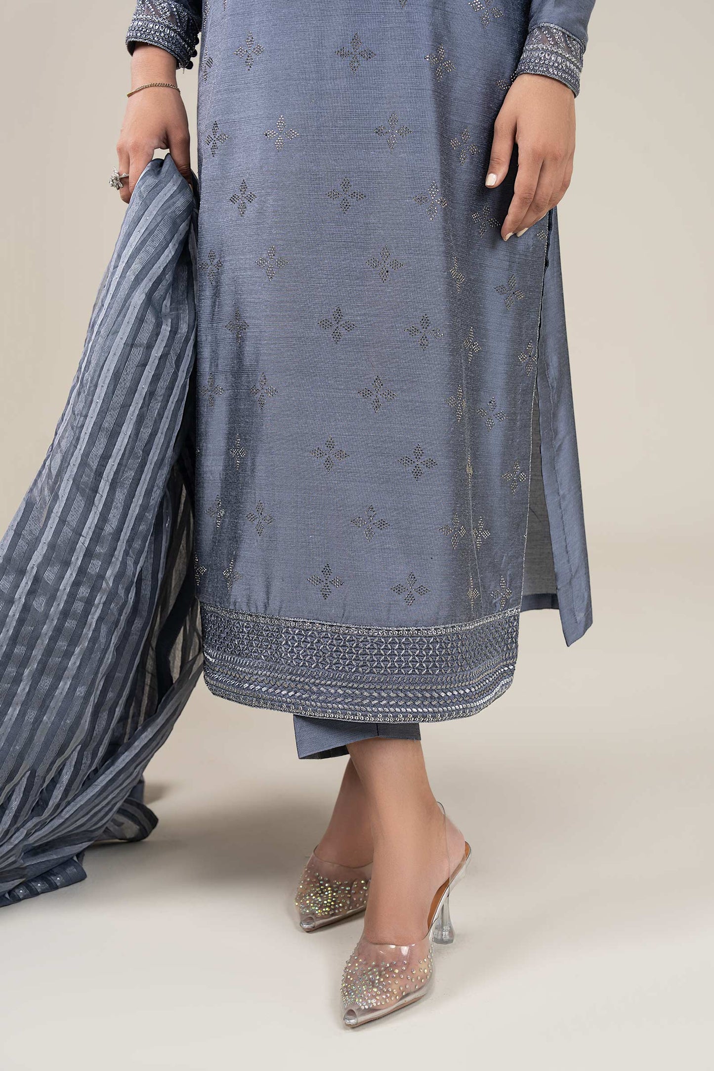 3 Pc Embroidered Two Tone Silk Suit