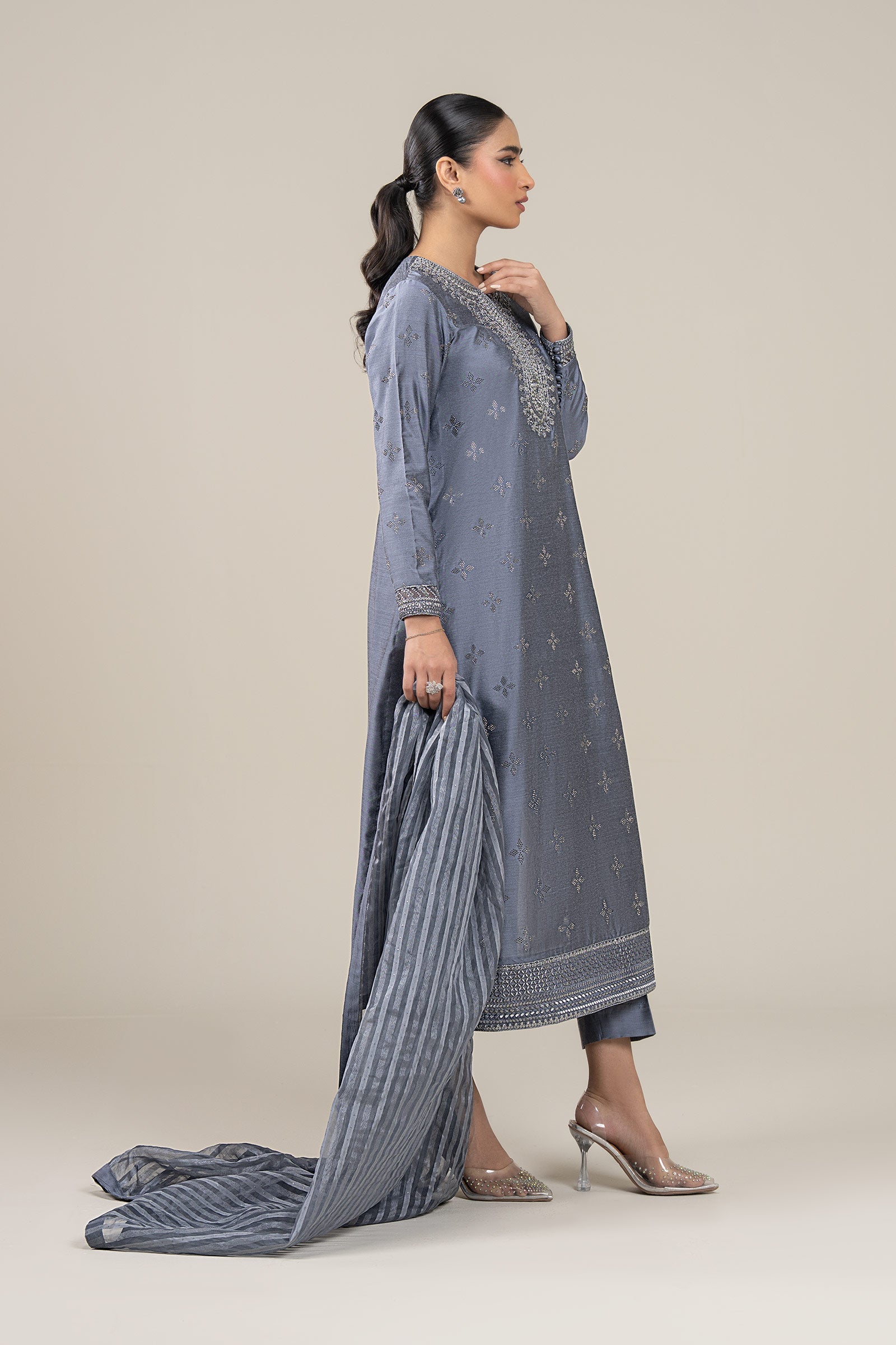 3 Pc Embroidered Two Tone Silk Suit