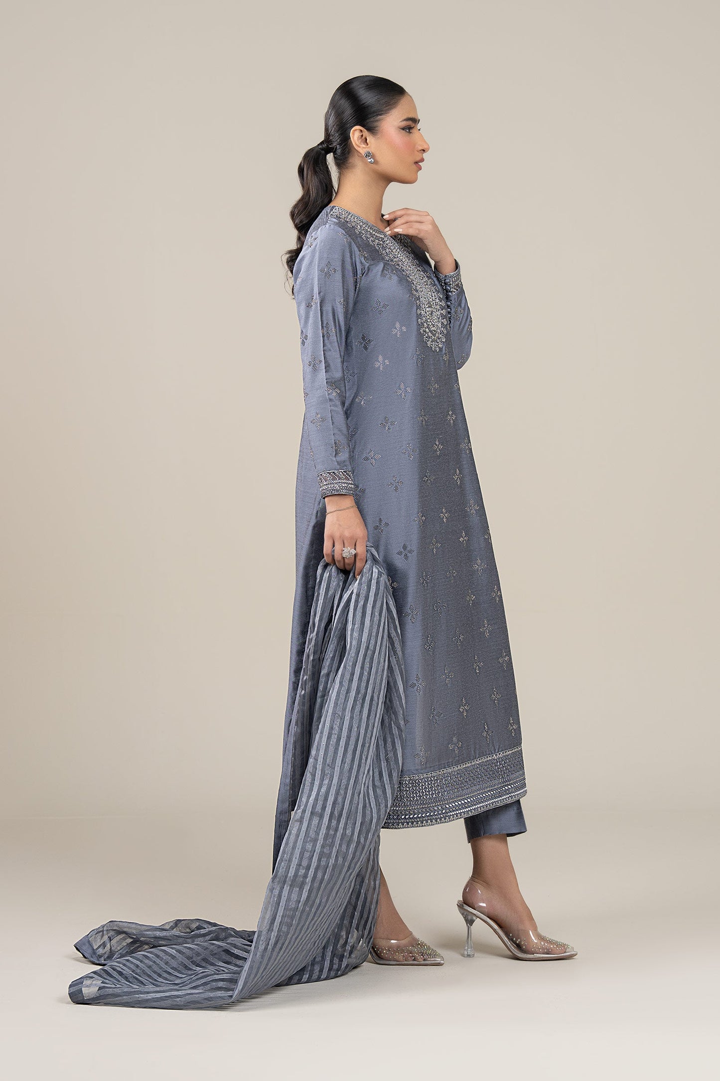 3 Pc Embroidered Two Tone Silk Suit