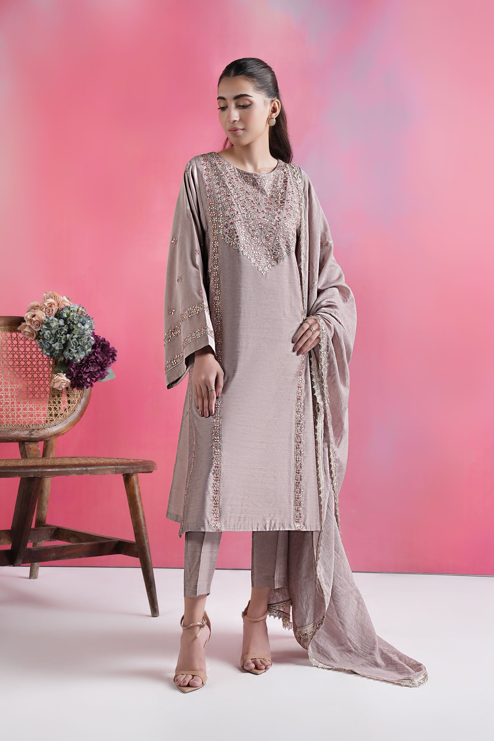 3 Pc Embroidered Two Tone Silk Suit