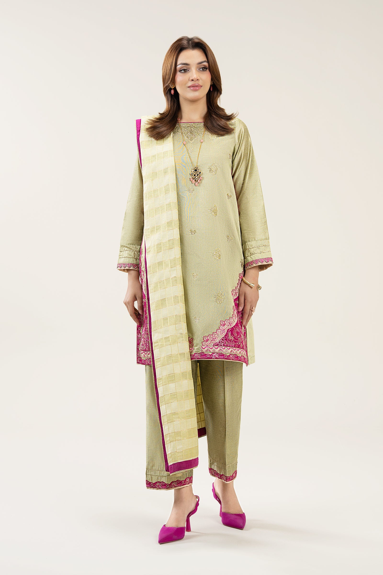 3 Pc Embroidered Two Tone Silk Suit