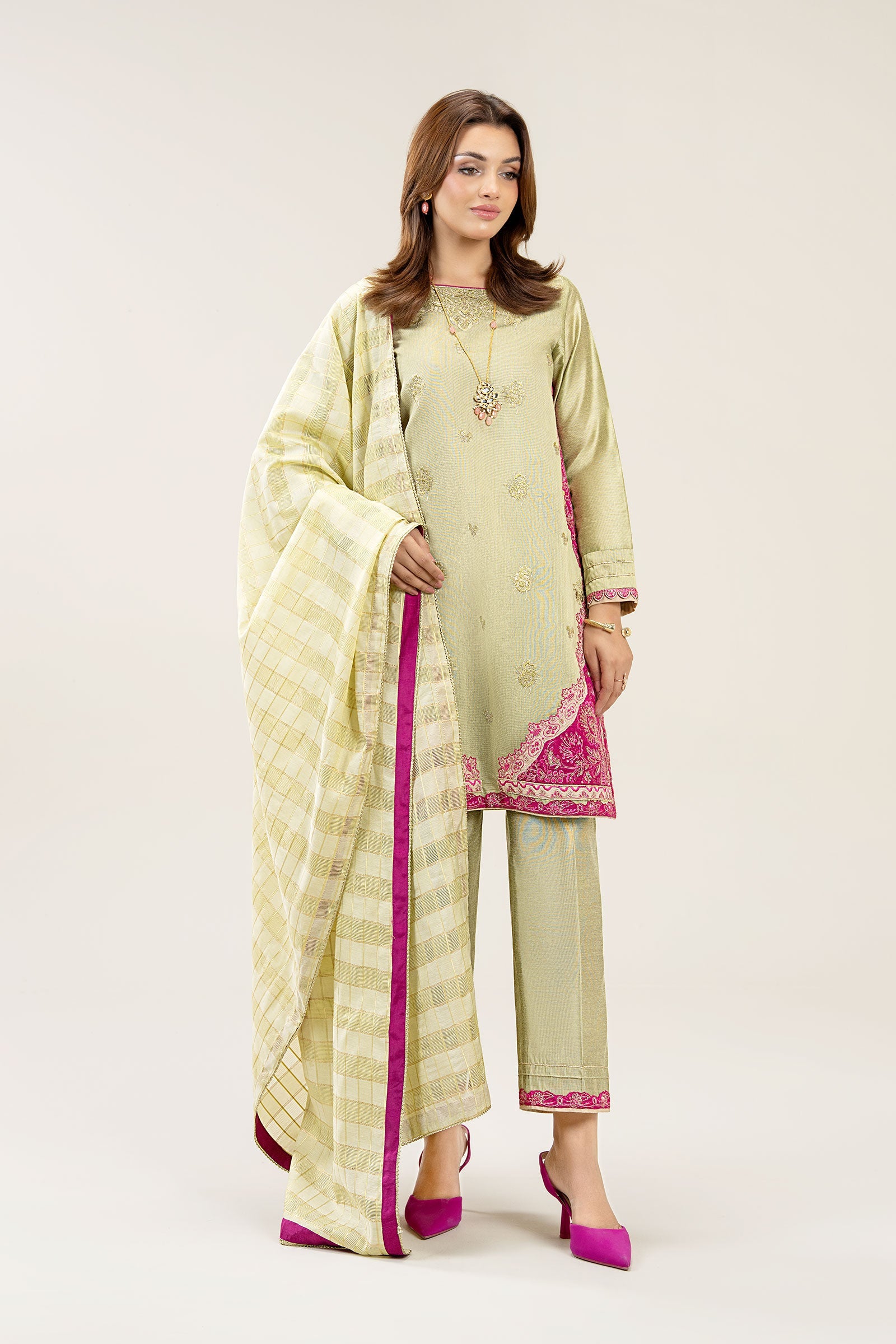 3 Pc Embroidered Two Tone Silk Suit