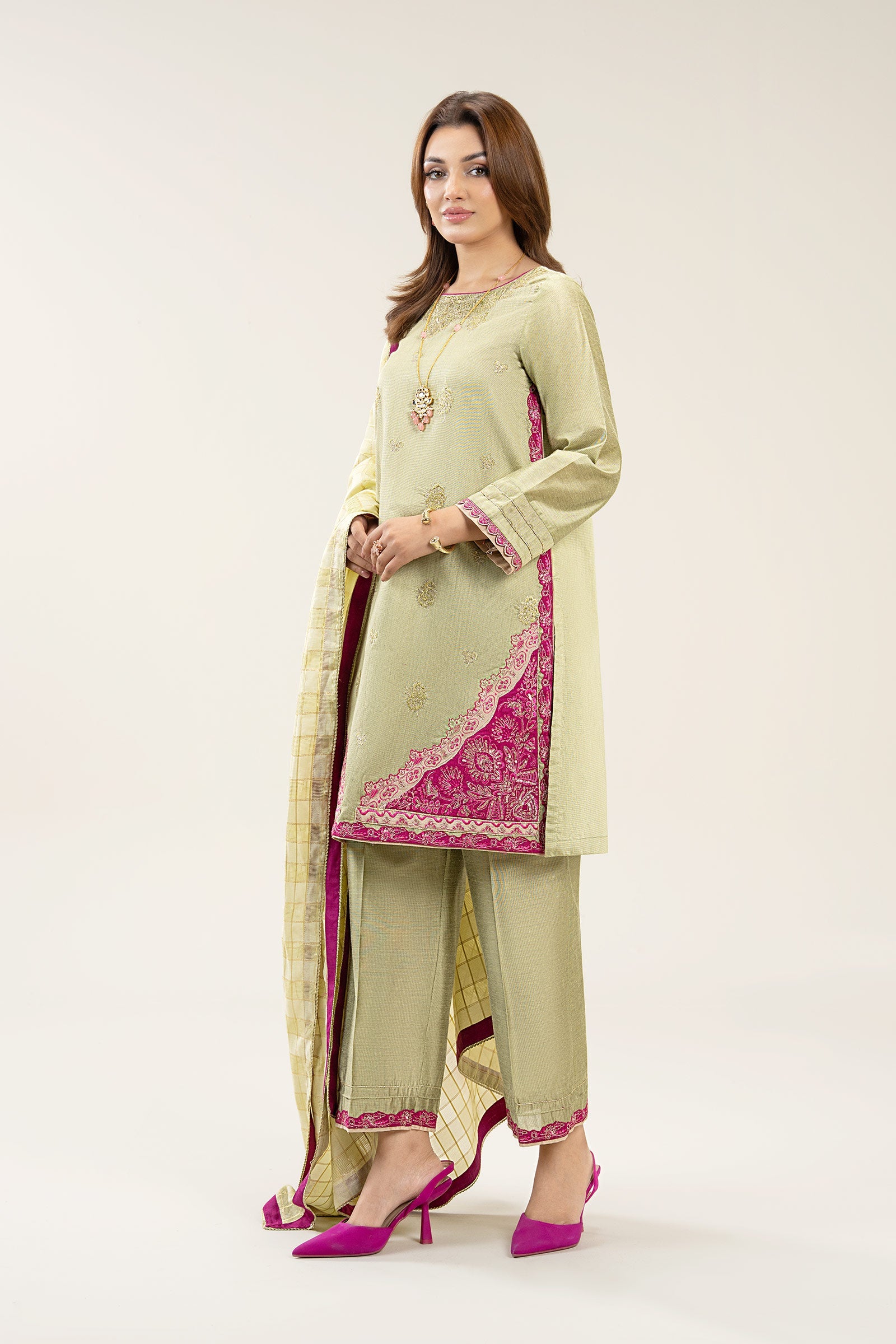 3 Pc Embroidered Two Tone Silk Suit