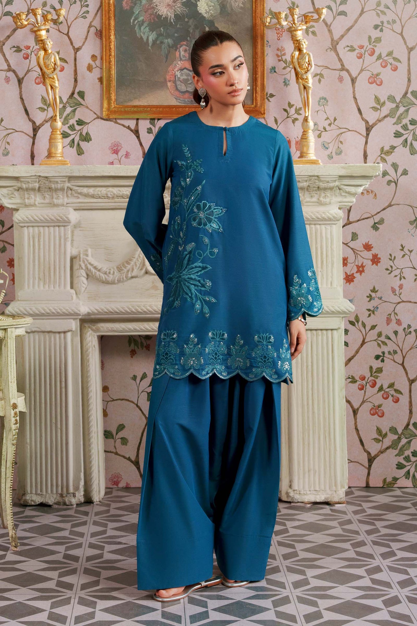2 Pc Embroidered Raw Silk Suit