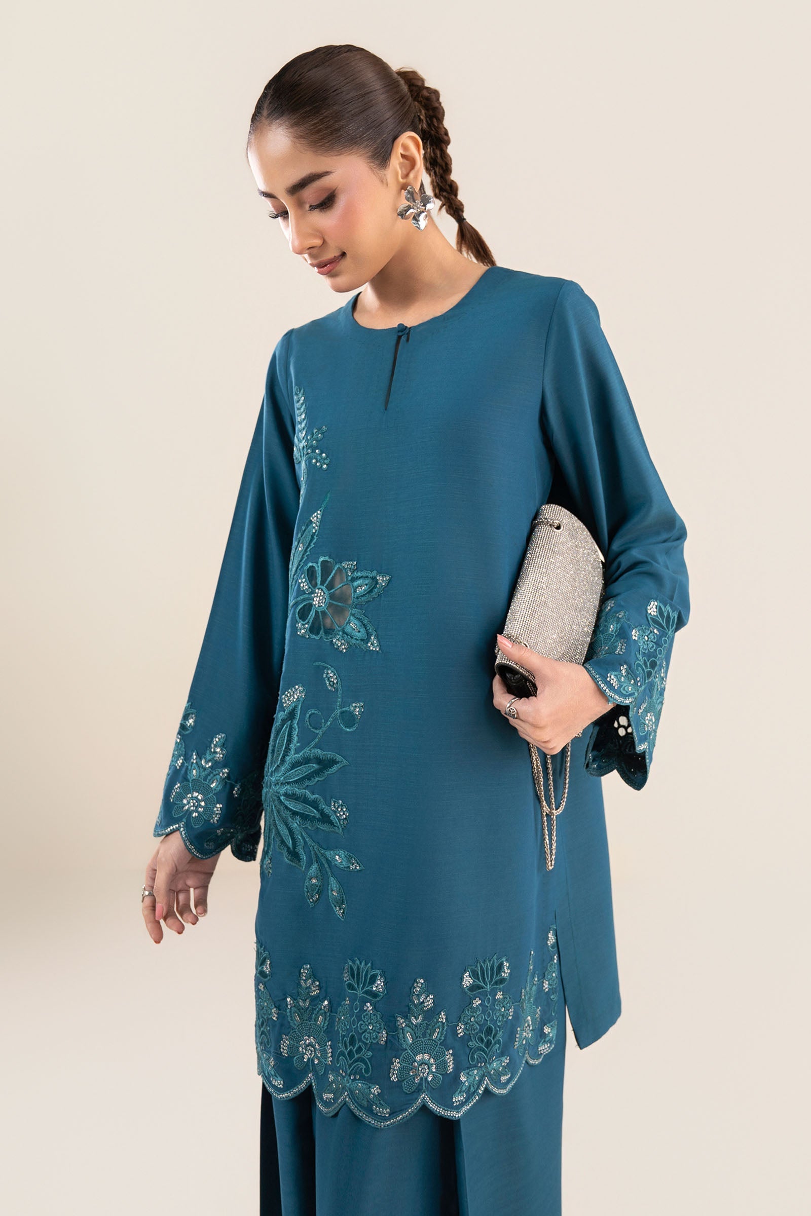 2 Pc Embroidered Raw Silk Suit