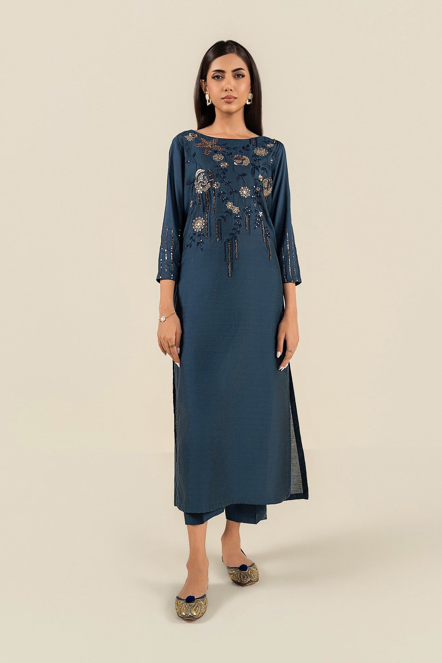 2 Pc Embroidered Yarn Dyed Cotton Silk Suit
