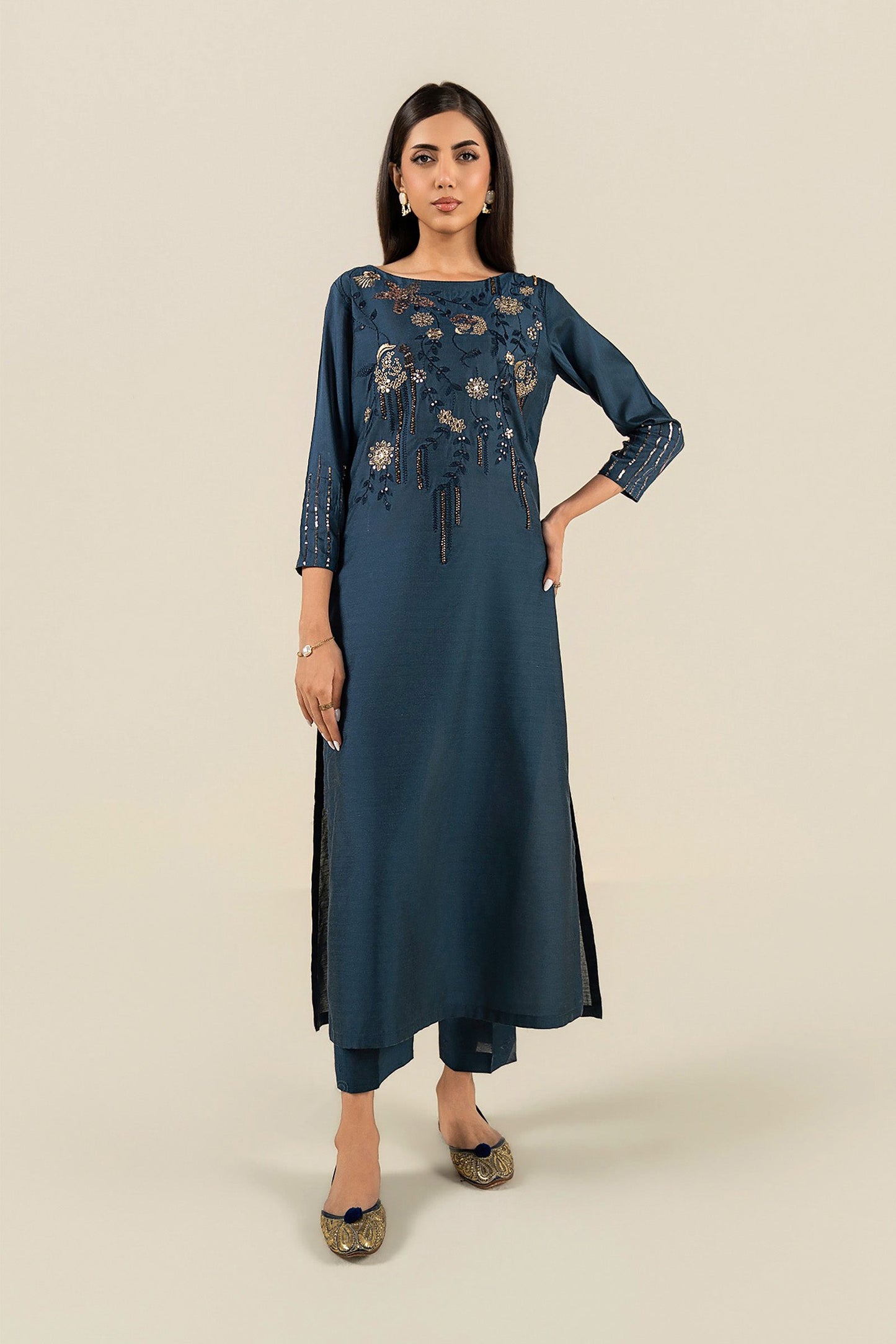2 Pc Embroidered Yarn Dyed Cotton Silk Suit